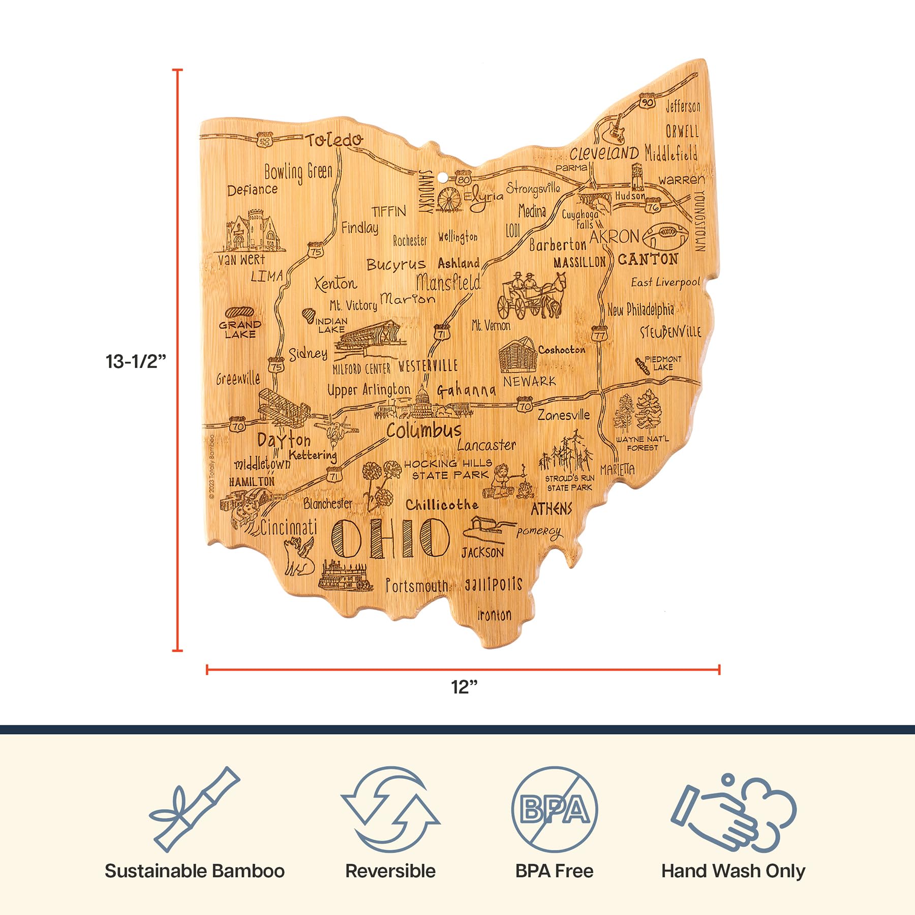 Totally Bamboo Destination Ohio State Shaped Cutting Board, Charcuterie and Cheese Serving Board - Ohio Gift for Home D  cor or