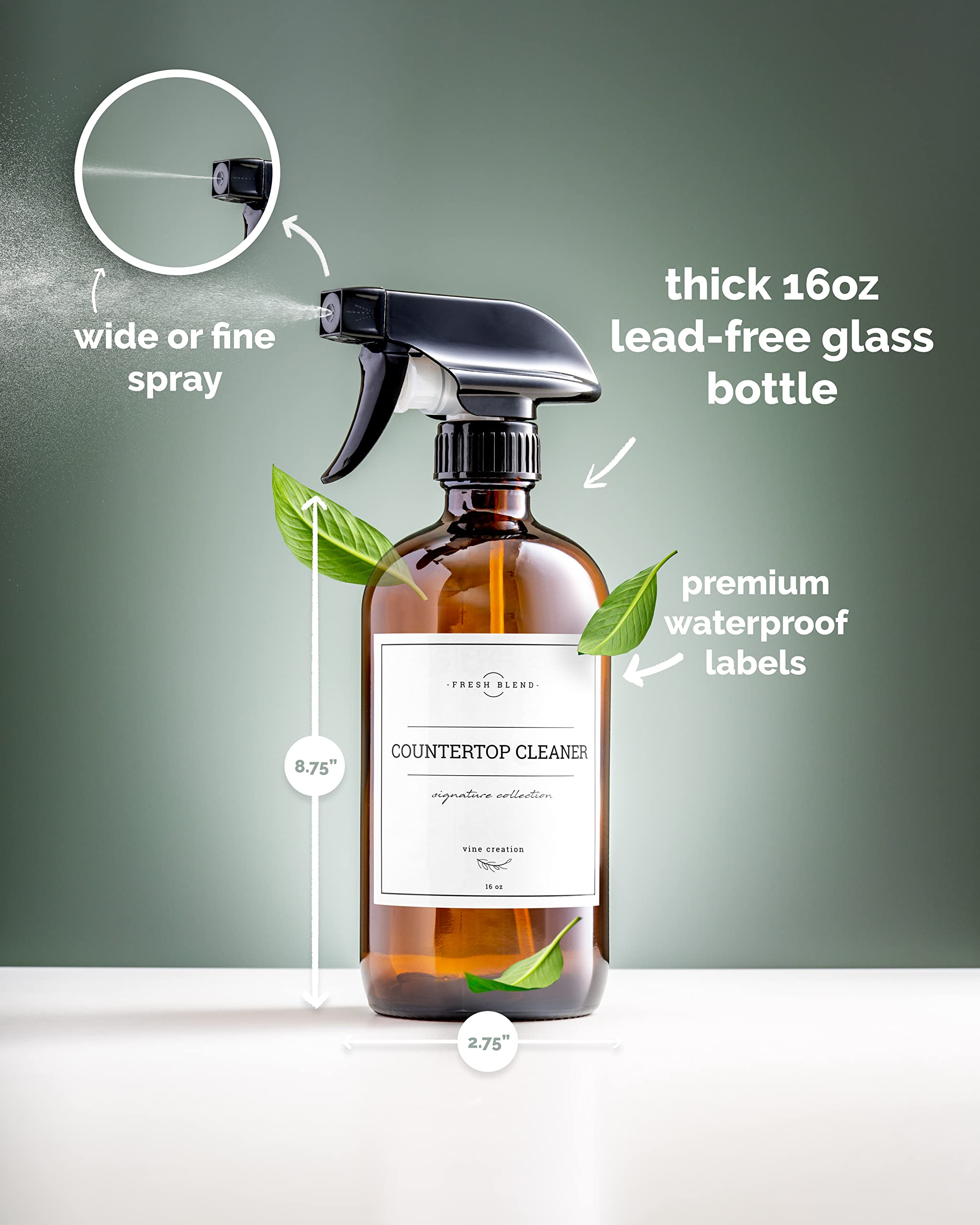 Vine Creations Amber Glass Spray Bottles, 2 Pack Glass Spray Bottles For Cleaning Solutions, 16 Oz Spray Bottle For Cleaning, Mi