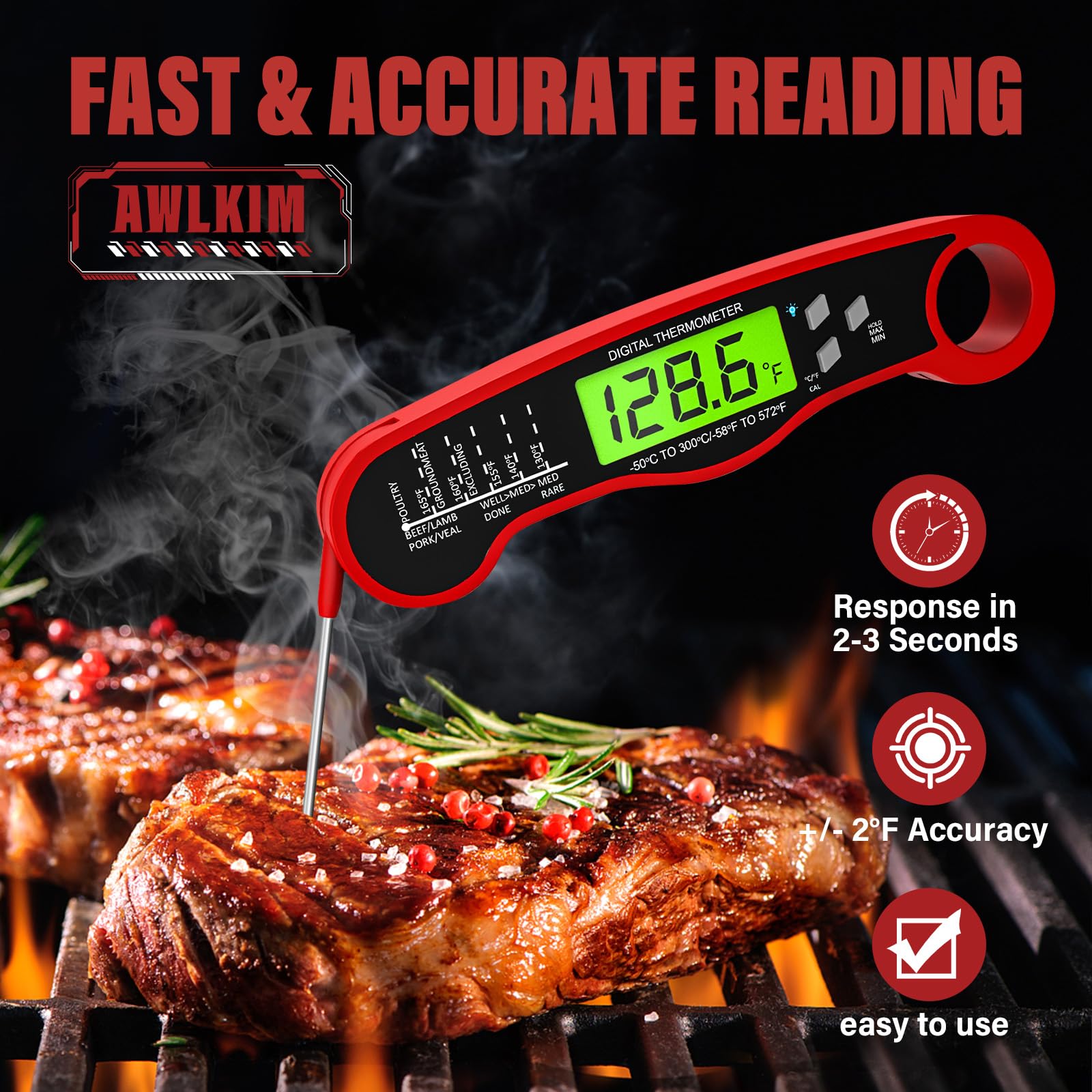 AWLKIM Digital Meat Thermometer - IP67 Waterproof, Fast Instant Read, 2-Pack, Red