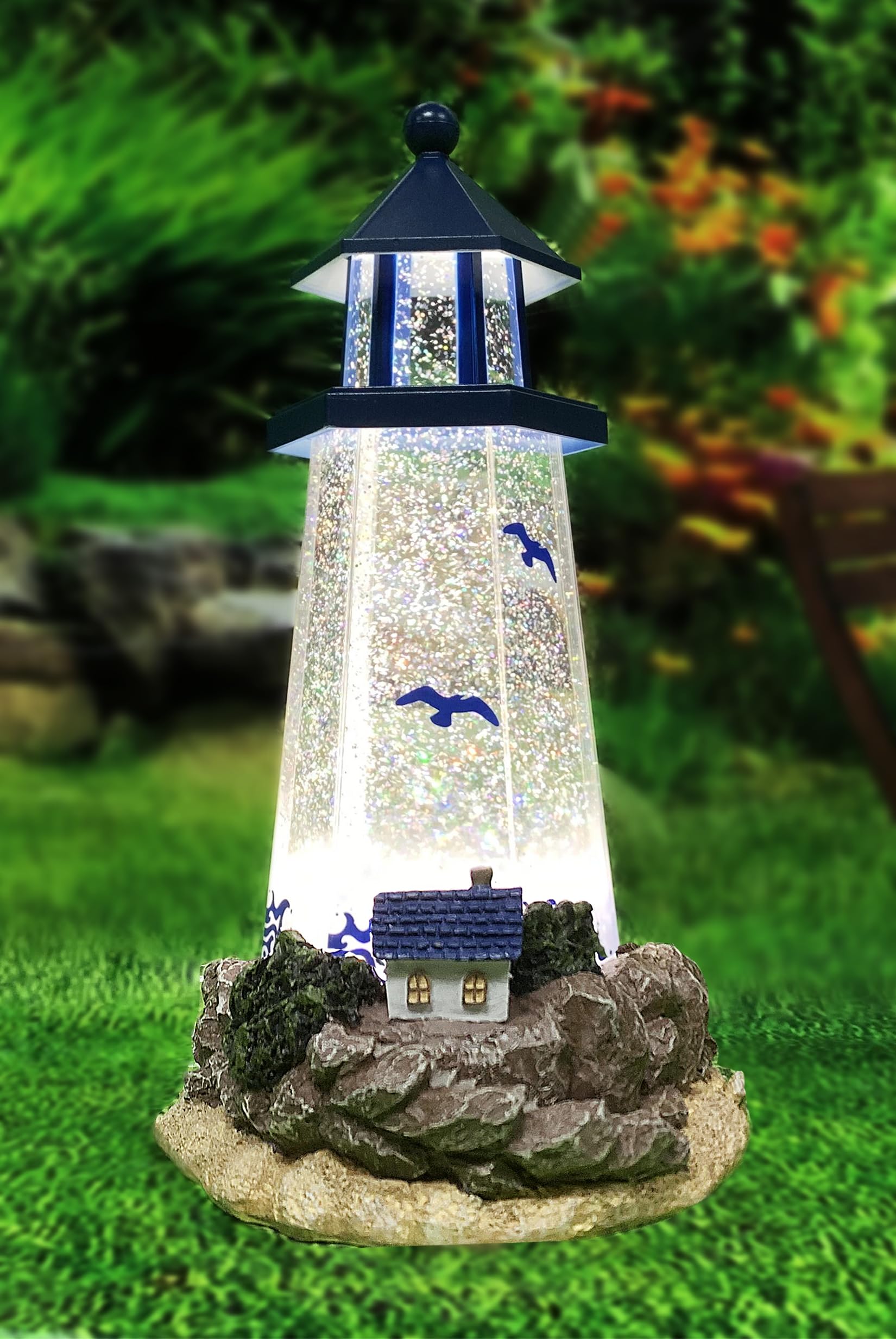 MOMENTS IN TIME Acrylic LED & Water Spinning Lighthouse BO, Light up, 3AA Battery not Included.