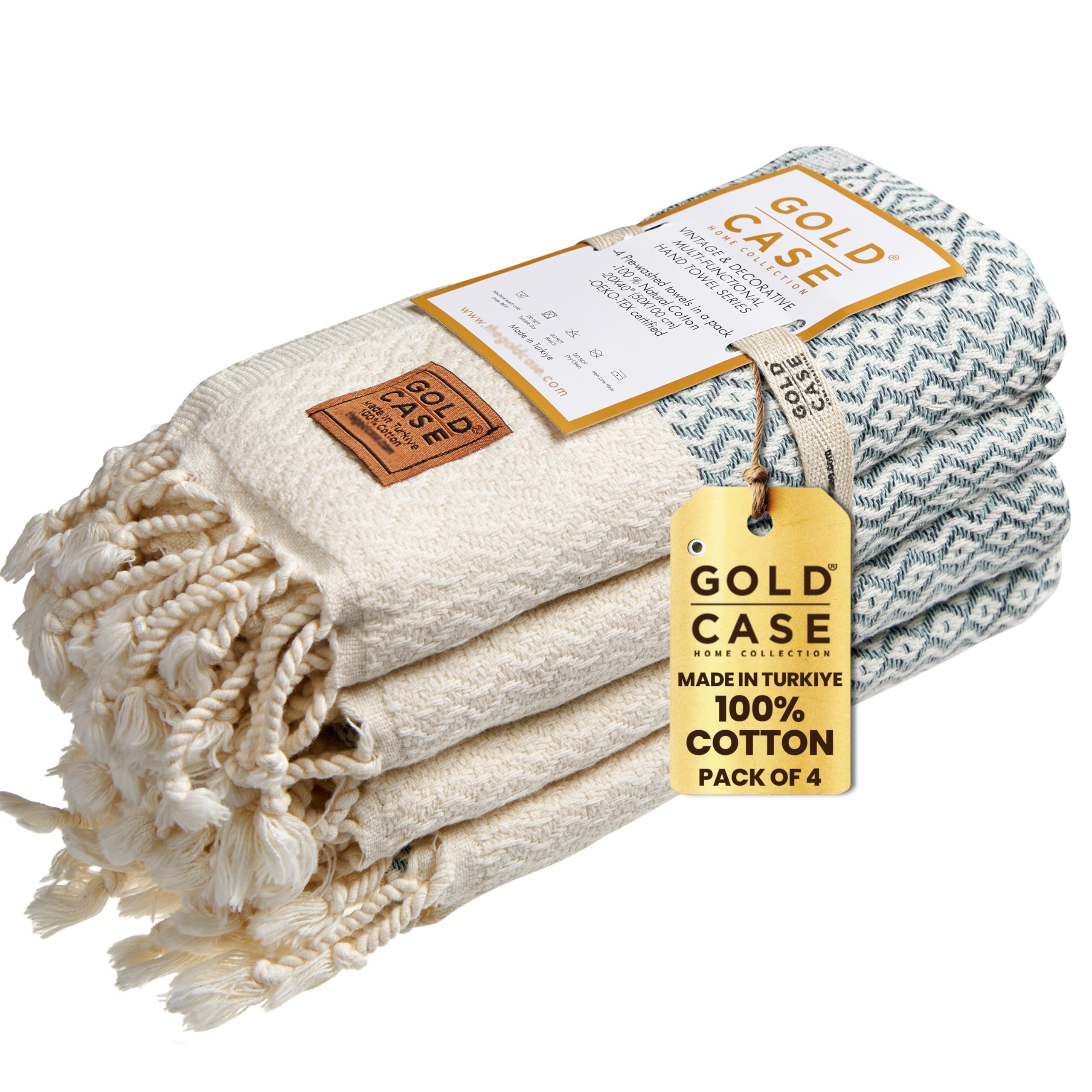 Zeus Original Turkish Hand Towels by Gold CASE - Set of 4-20x40 100% Cotton Decorative Towel - Bathroom and Kitchen Peshtemal for Hand  Face  Hair  SPA  Yoga  Gym  Tea and Dishcloth  Aqua