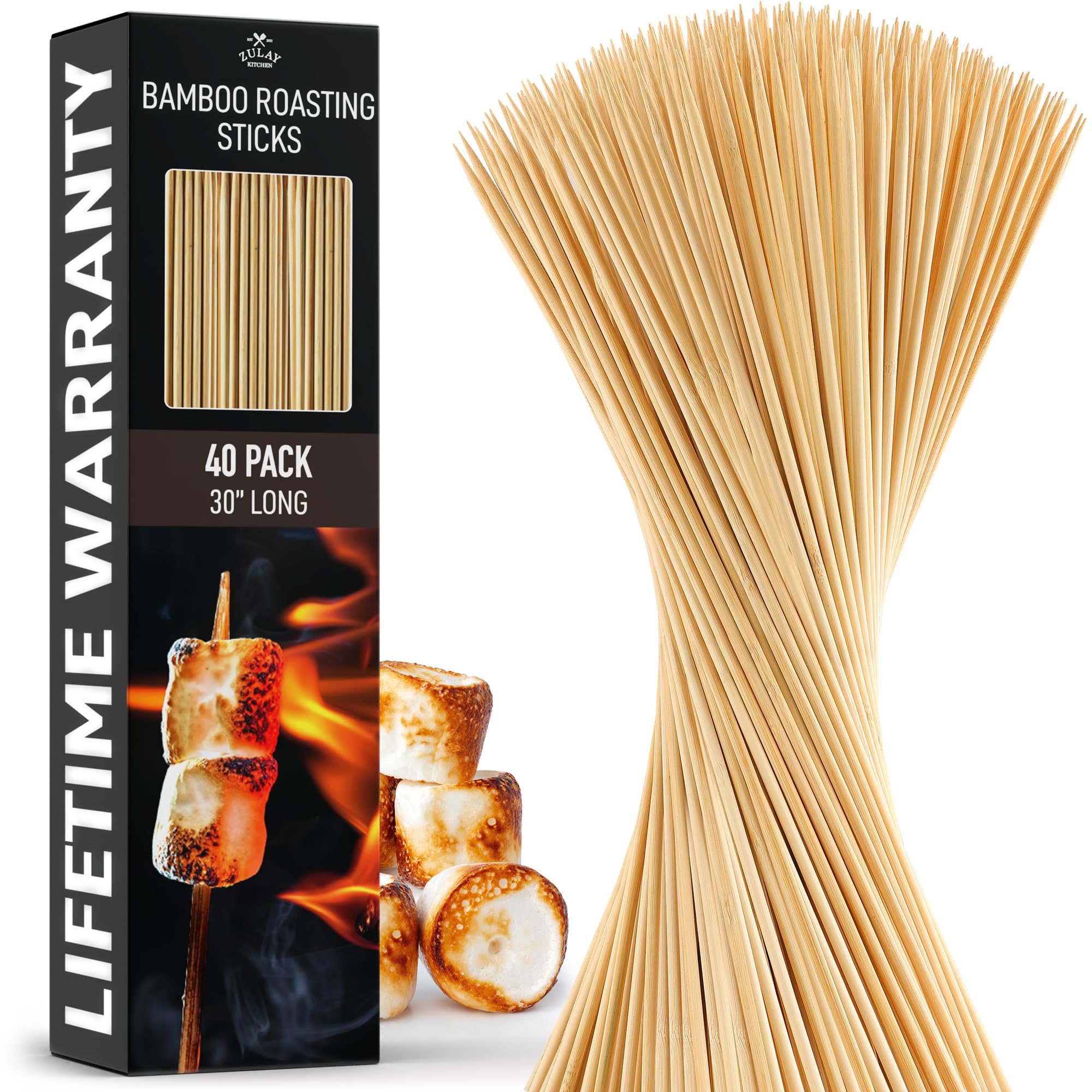 Zulay Kitchen Authentic Bamboo Marshmallow Smores Sticks - 40 Extra Long 30'' Roasting Sticks - 5Mm Heavy-Duty Bamboo Skewers -