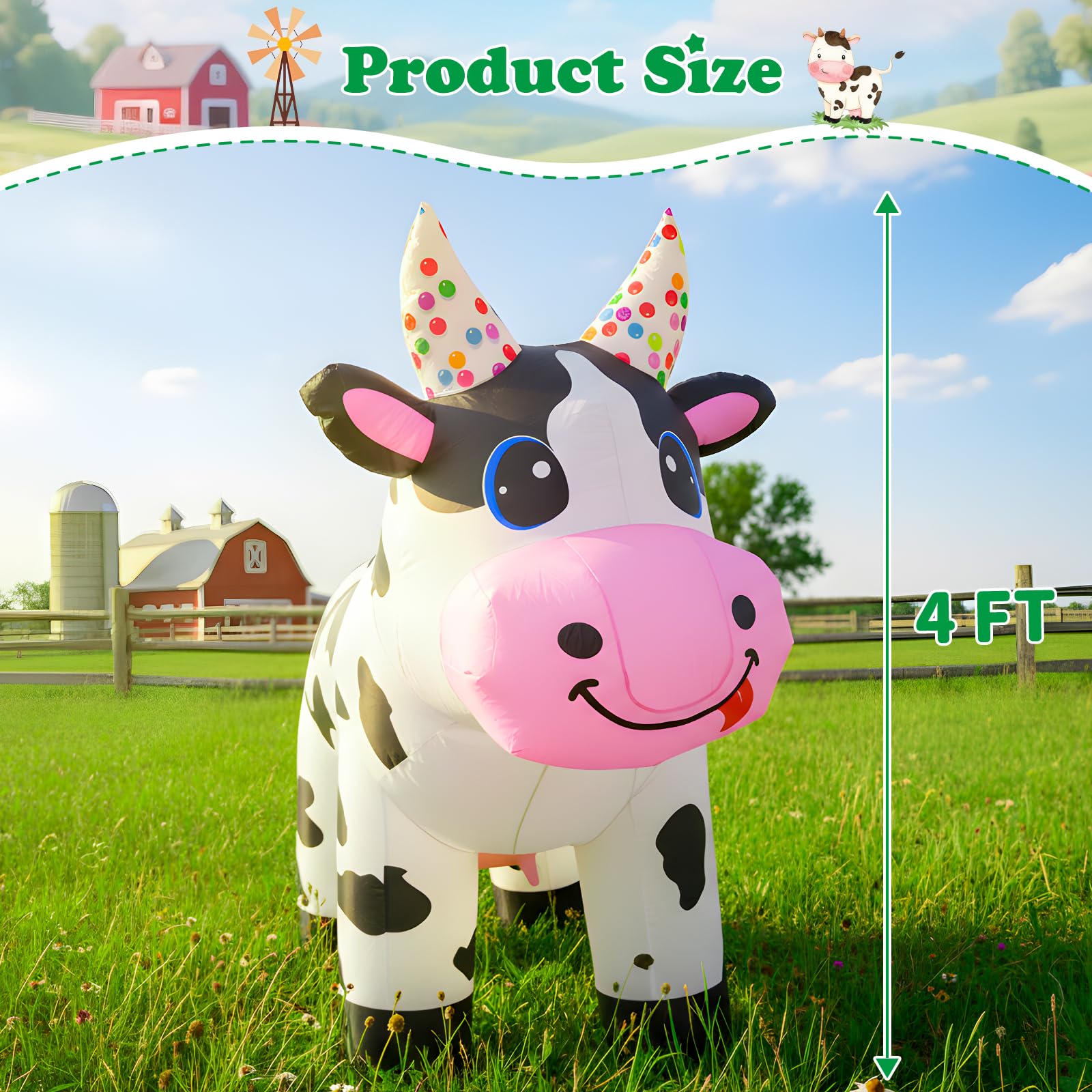 4FT Christmas Spring Farm Ranch Inflatable Cute Farm Cow Blow up Decoration with LED Light Outdoor Indoor Yard Graden Lawn Party