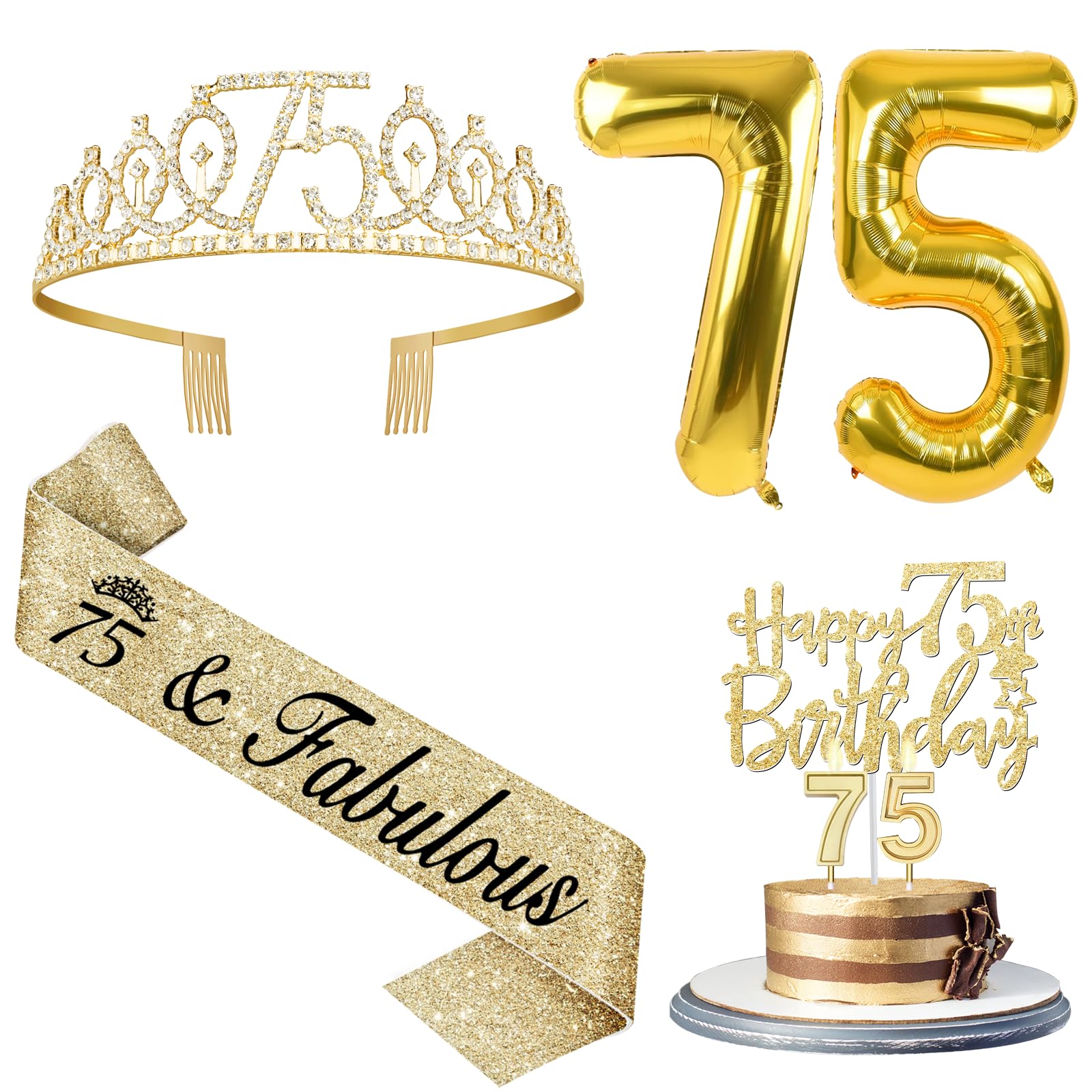 75Th Birthday Decorations Women With 75Th Birthday Sash And Tiara, Happy 75Th Birthday Cake Toppers, Number 75 Candles, Gold 75