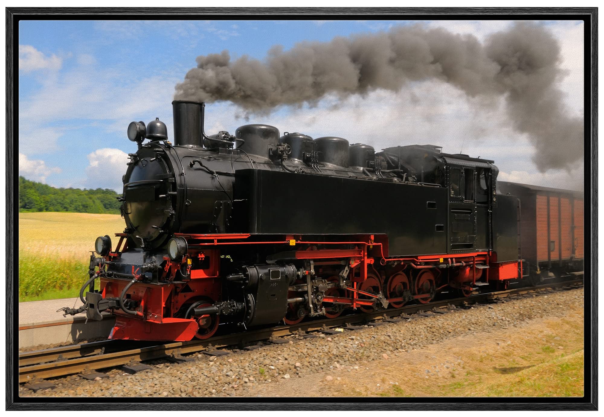 Steam Train With Black Smoke Running On Island Rugen Northern Germany - Framed Canvas Art Wall Art - 24''X36'' Black