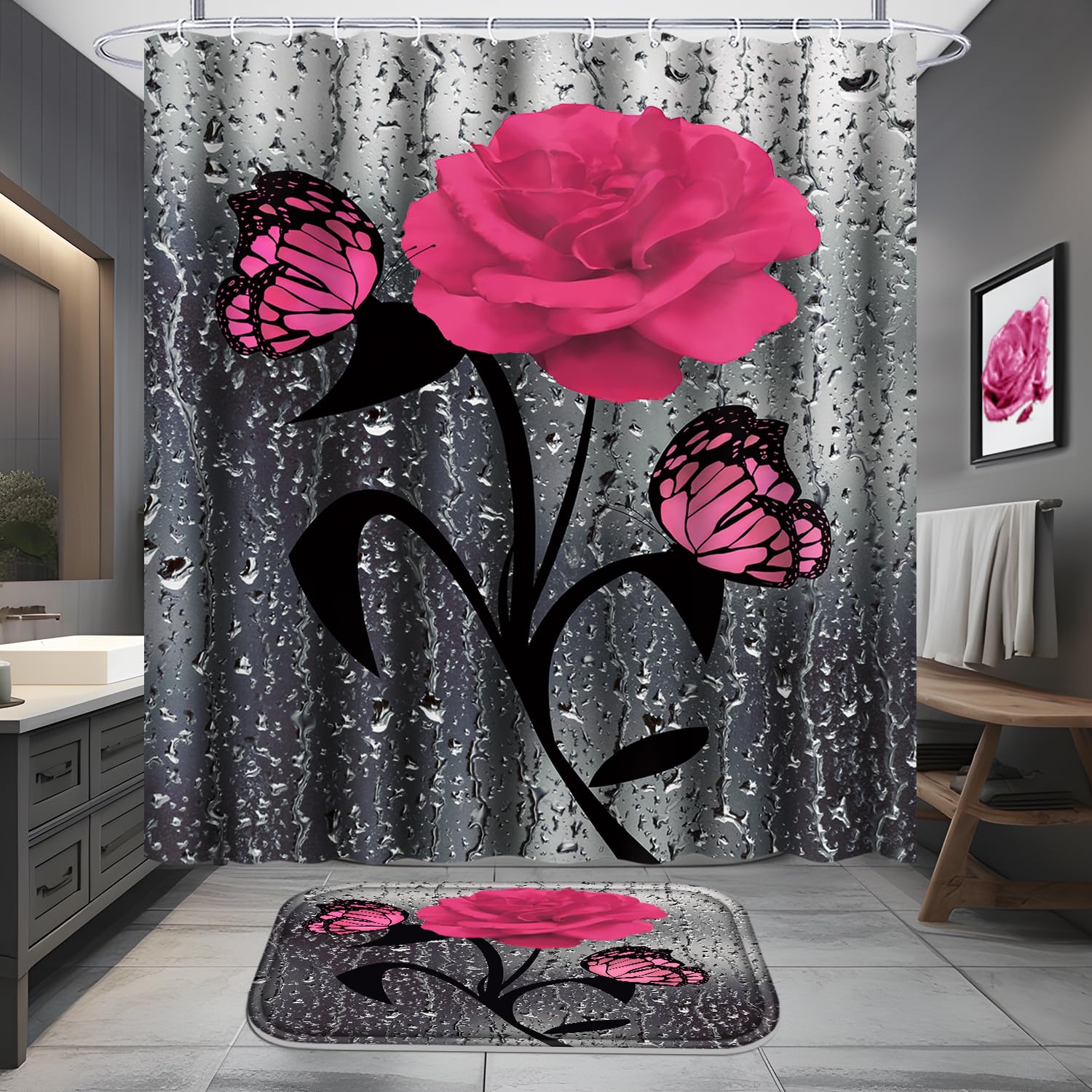 Poedist 4 Pcs Bathroom Set,Pink Rose Shower Curtain Sets, Romantic Shower Curtain Sets With Rugs(Bath Mat,U Shape And Toilet Lid