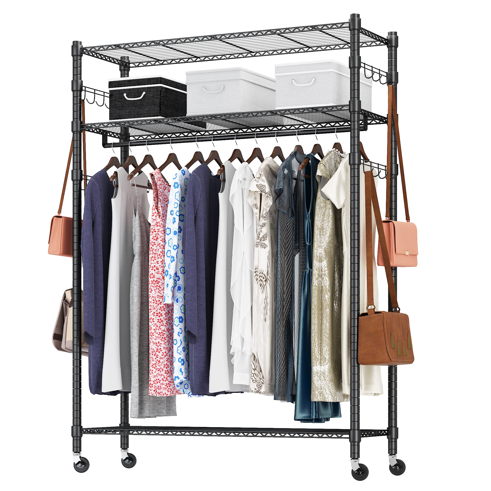 Heavy Duty Clothes Rack  Adjustable Rolling Garment Rack with Shelves  Freestanding Wardrobe Rack 1 Clothes Hanging Bar  3 tired Wire Shelving  4 Hanger Hooks - Hold Up to 400Lbs (Black  1Rod 4Hook)