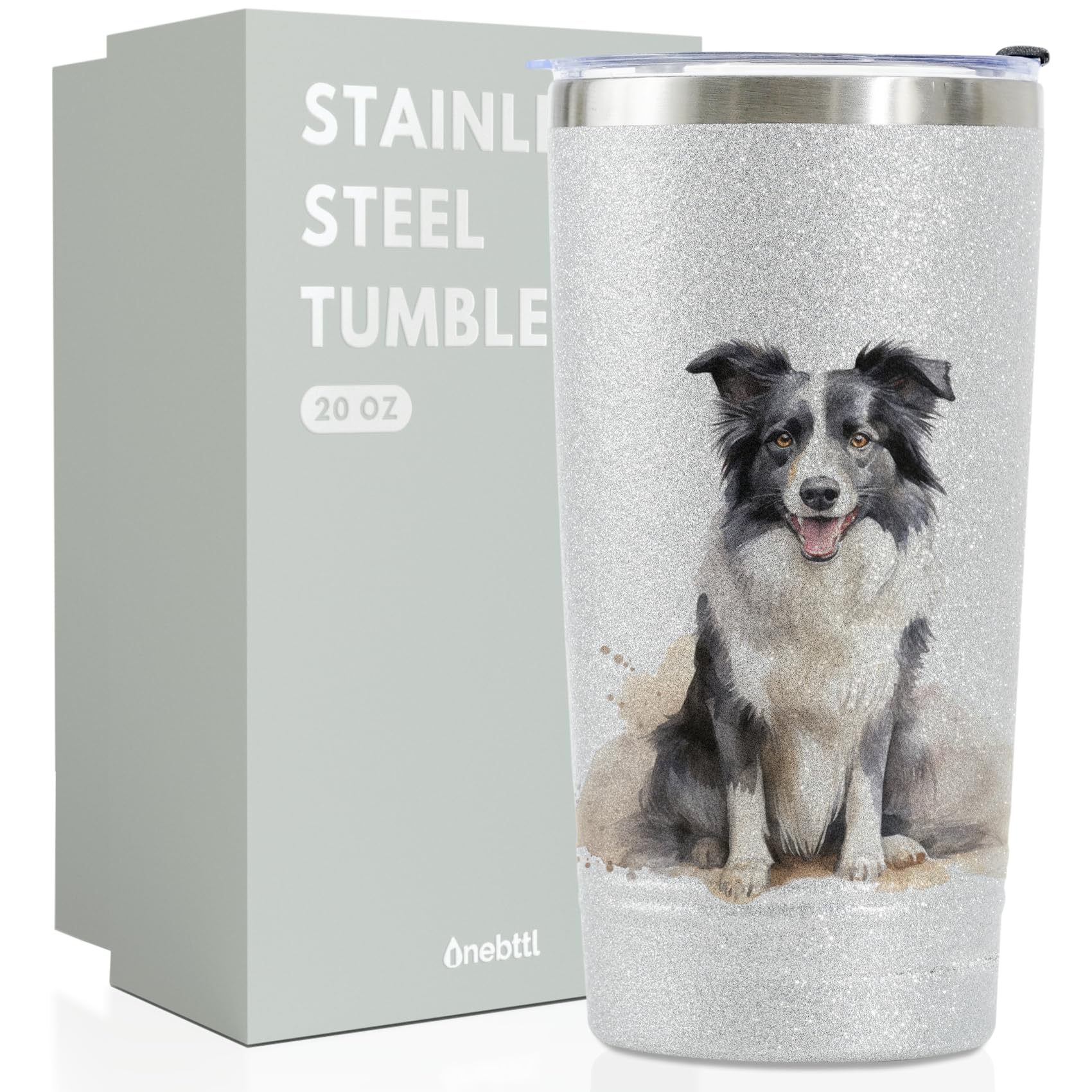 Onebttl Border Collie Gifts for Women/Men, Unique 20oz Border Collie Glitter Tumbler with Lid and Straw, Border Collie Gifts for