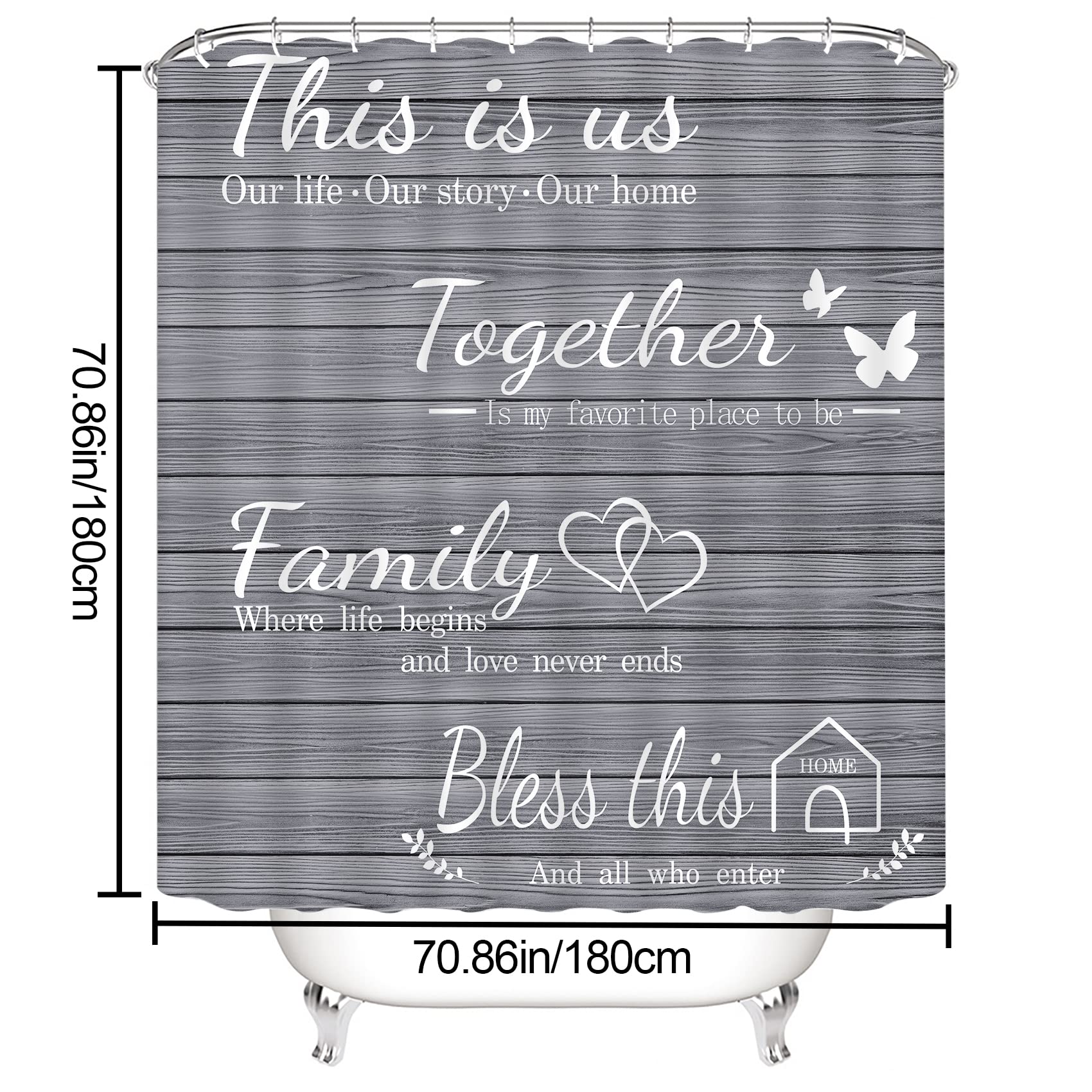 Juwute 4Pcs Family Shower Curtain Sets With Non-Slip Rugs, Toilet Lid Cover And Bath Mat, Grey Home Bathroom Decor Set Accessori