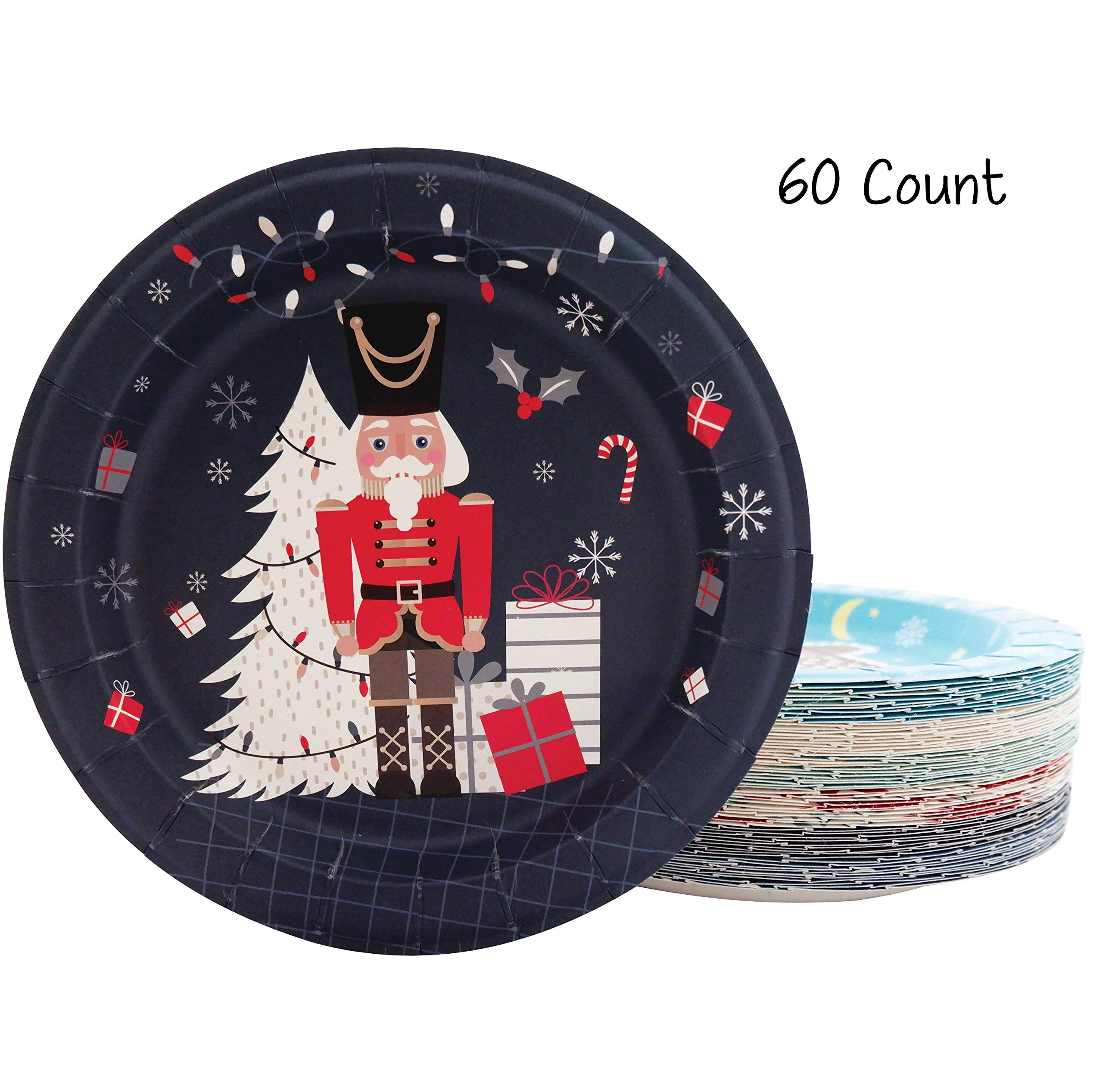 Paper Plates - 60-Count 8'' X 8'' Disposable Christmas Party Supply Dessert Plates In 6 Designs - Reindeer, Santa, Polar Bear, E