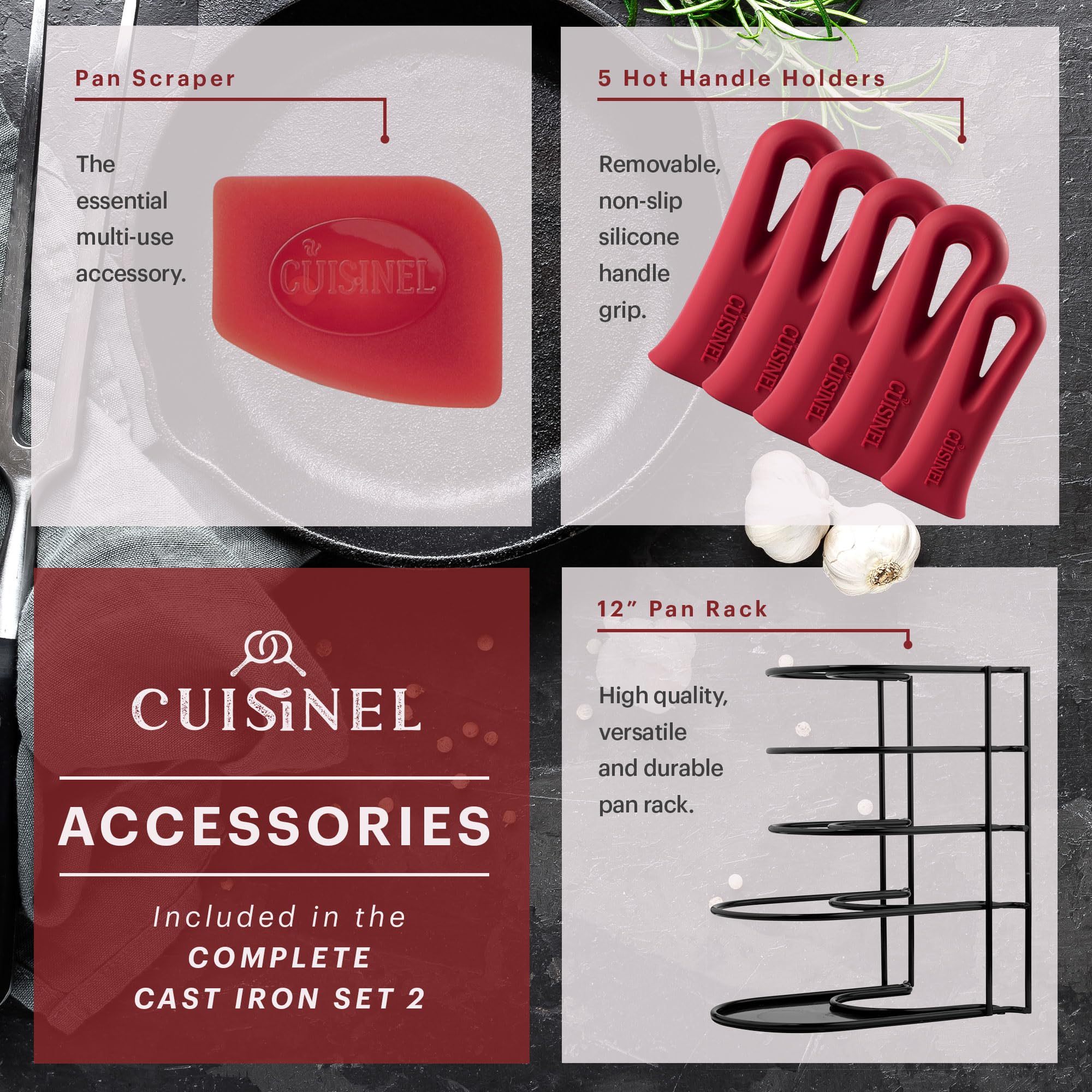 Cuisinel Cast Iron Cookware Set - Complete Pre-Seasoned Kit - 8 Skillet & 10 + 12 Skillets with Glass Lid + Grill Pan + Multi-Co