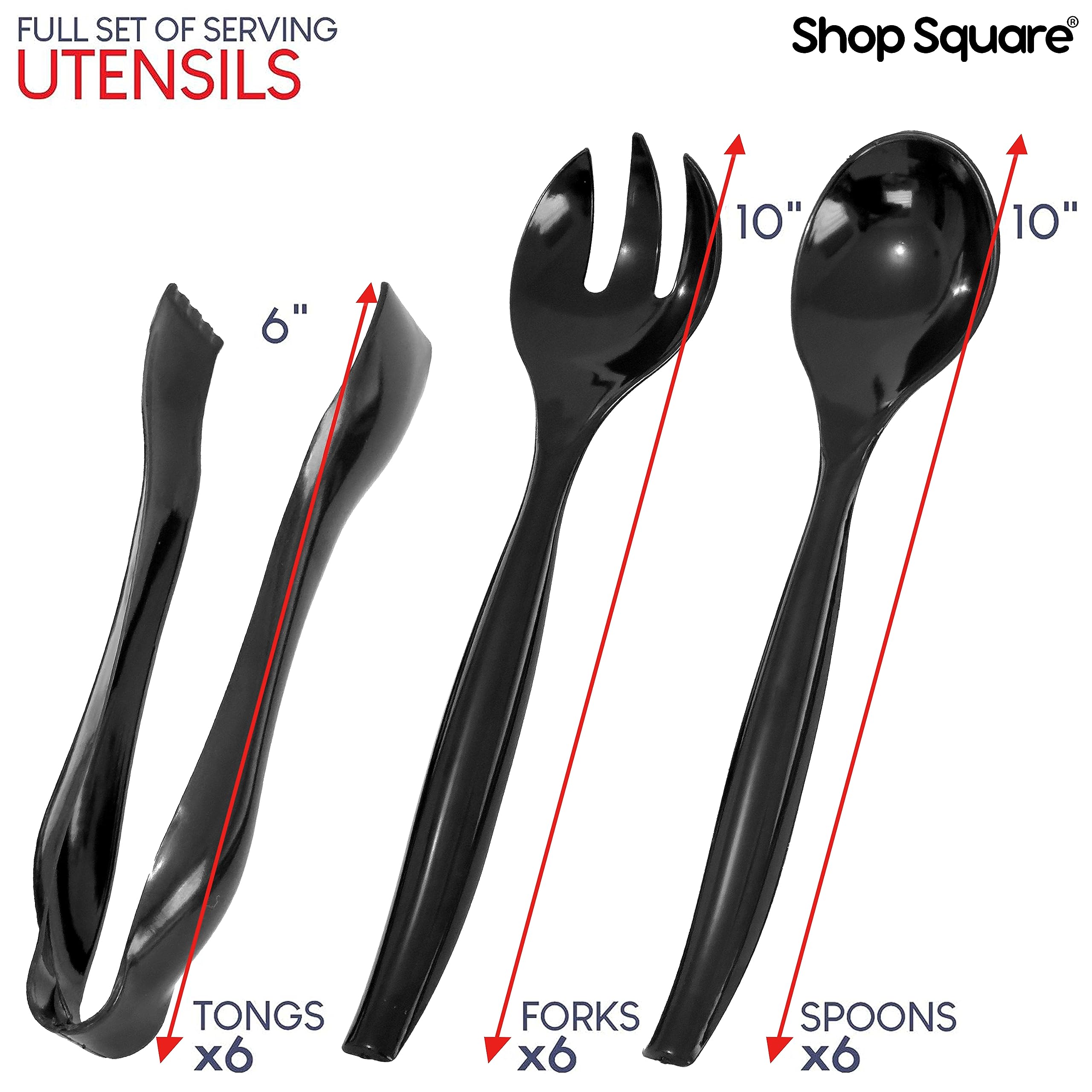 Disposable Plastic Serving Utensils - Set Of 18 Black Plastic Utensils, 6 Each 6'' Serving Tongs, 10    Serving Spoons, 10    Se