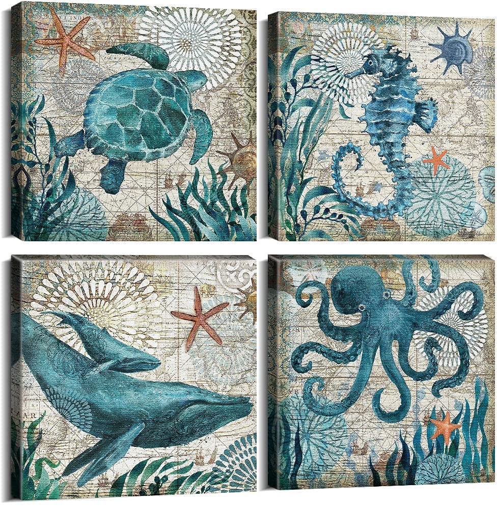 Coastal Beach Wall Art For Living Room Sea Turtle Pictures Bathroom Wall Decor Teal Blue Nautical Themed Seahorse Canvas Paintin