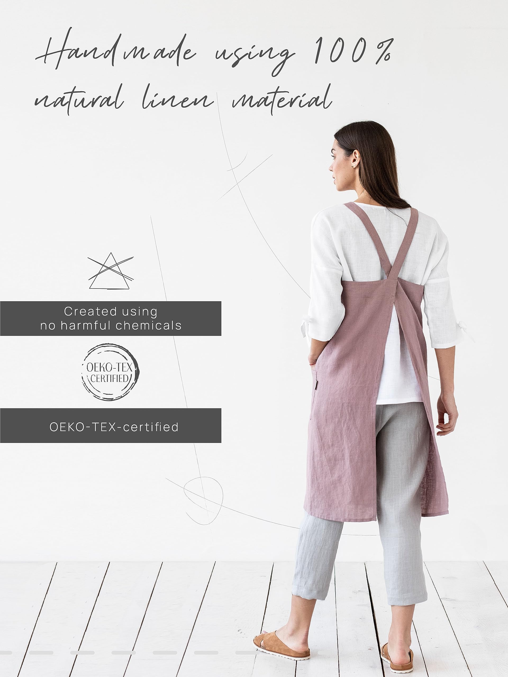 Magiclinen 100% Linen Apron - Japanese Cross Back Apron With Pockets For Women And Men - Pinafore Style, Pink, Xxl