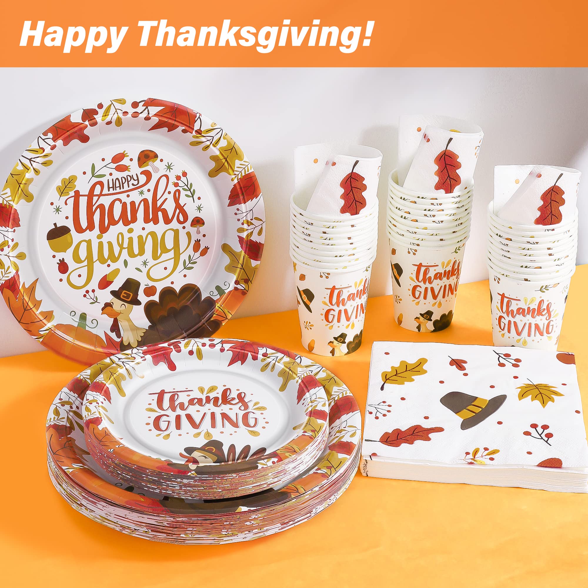 QZYL 120 PCS Thanksgiving Paper Plates, Disposable Thanksgiving Plates and Cups Set, Heavy Duty Harvest Table Decorations, Fall