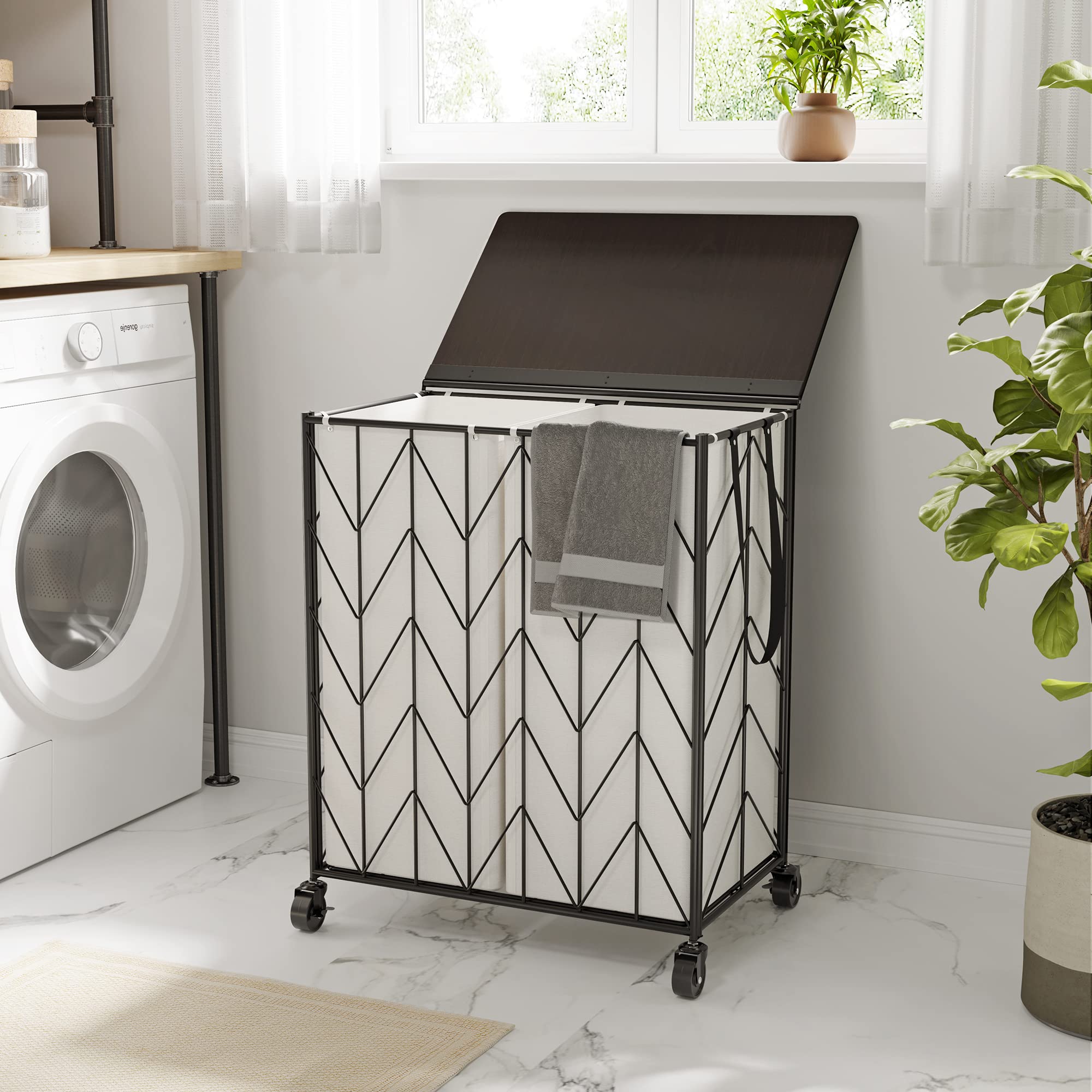 WOWLIVE Laundry Basket with Wheels  Heavy Duty Laundry Hamper with Wood Lid  Clothes Hamper with Divided Removable Liner Bag  Large Capacity Iron-Made Laundry Sorter Laundry Room Organization (Beige)