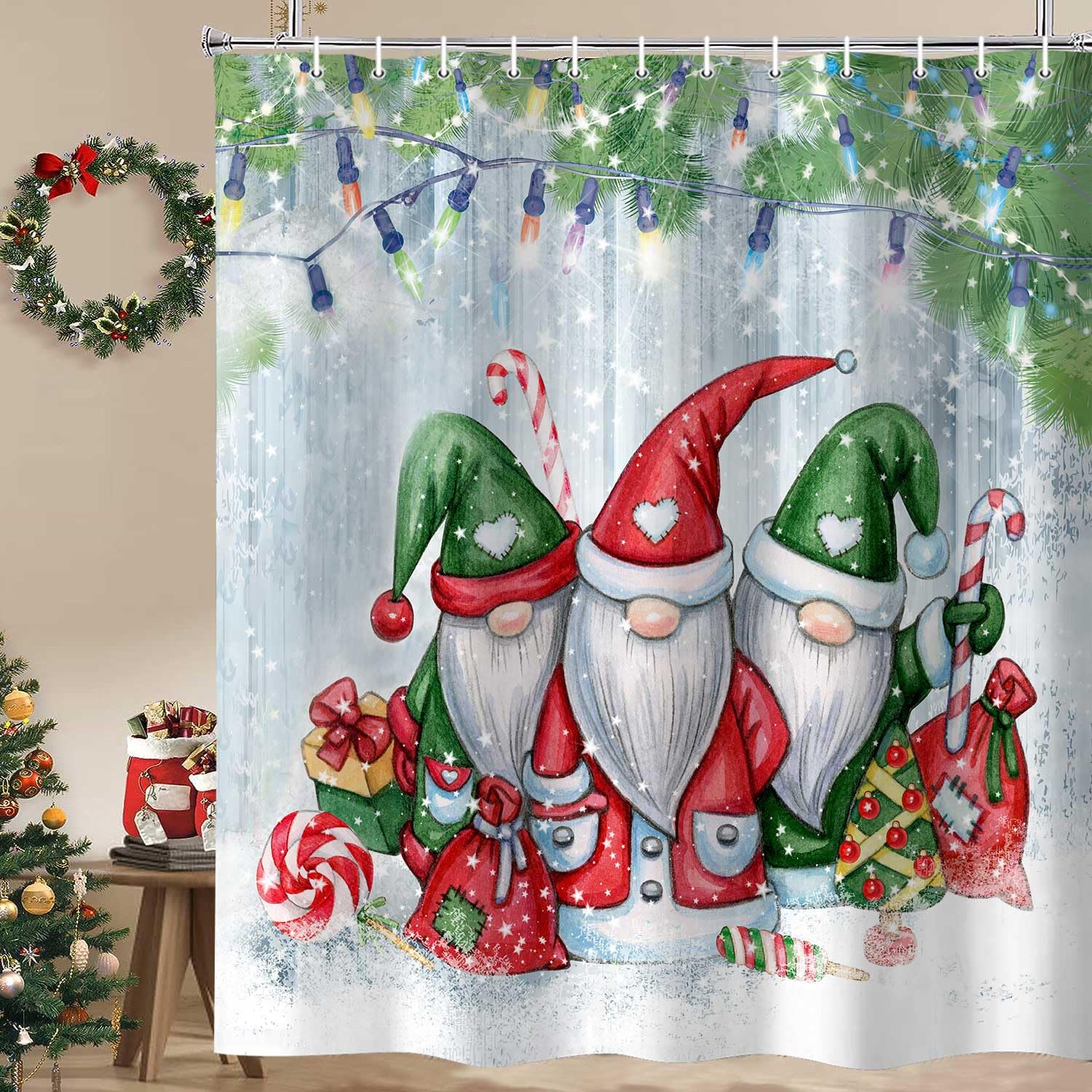 Hjokiupt Merry Christmas Gnome Shower Curtains For Bathroom, Winter Snowflake Xmas Pine Leaves Lamp Holiday Home Decor Bath Curt