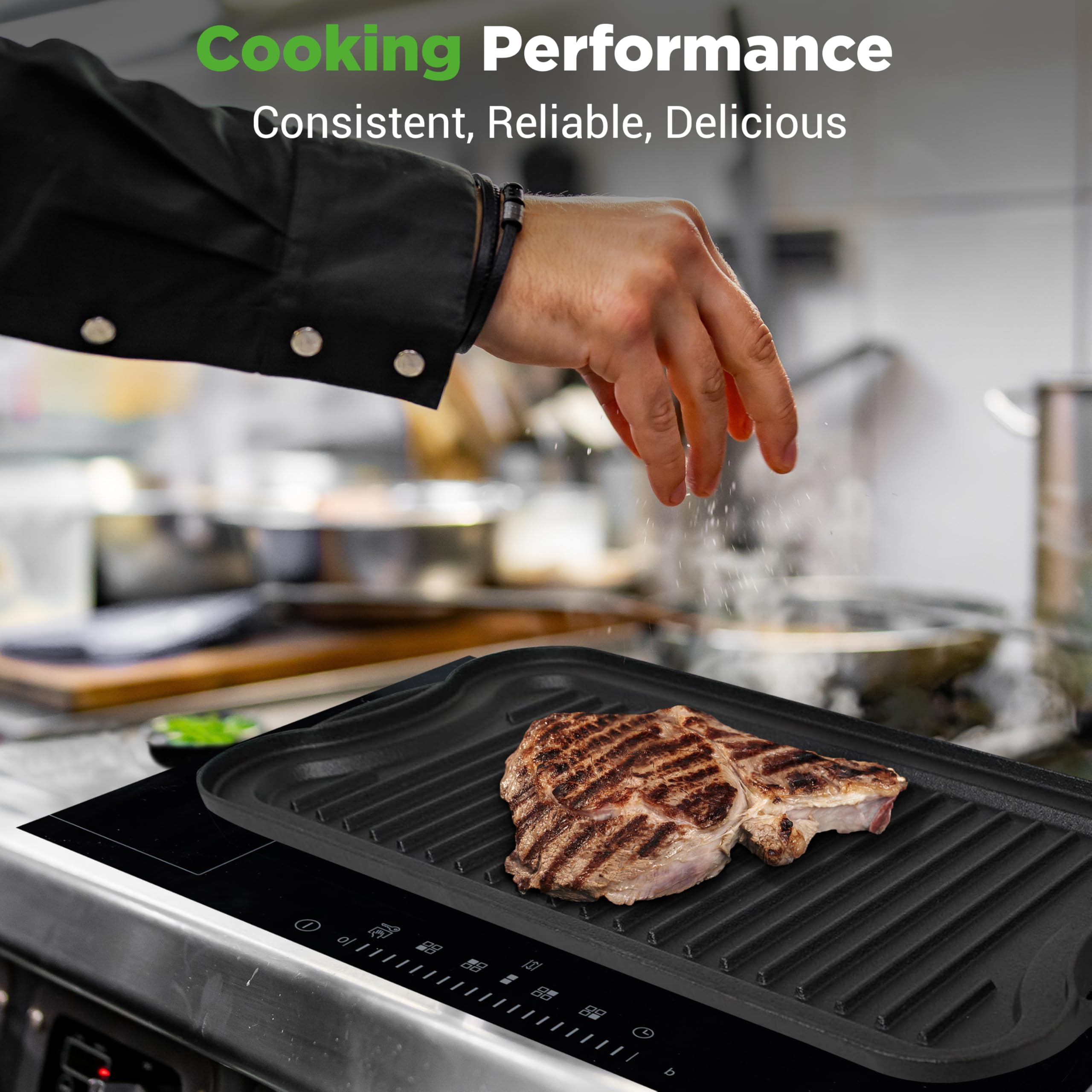 Nutrichef Reversible Cast Iron Griddle - Flat & Grill Sides, Extra-Wide, Oven Safe, Pfoa & Pfos Free, Compatible With Multiple S