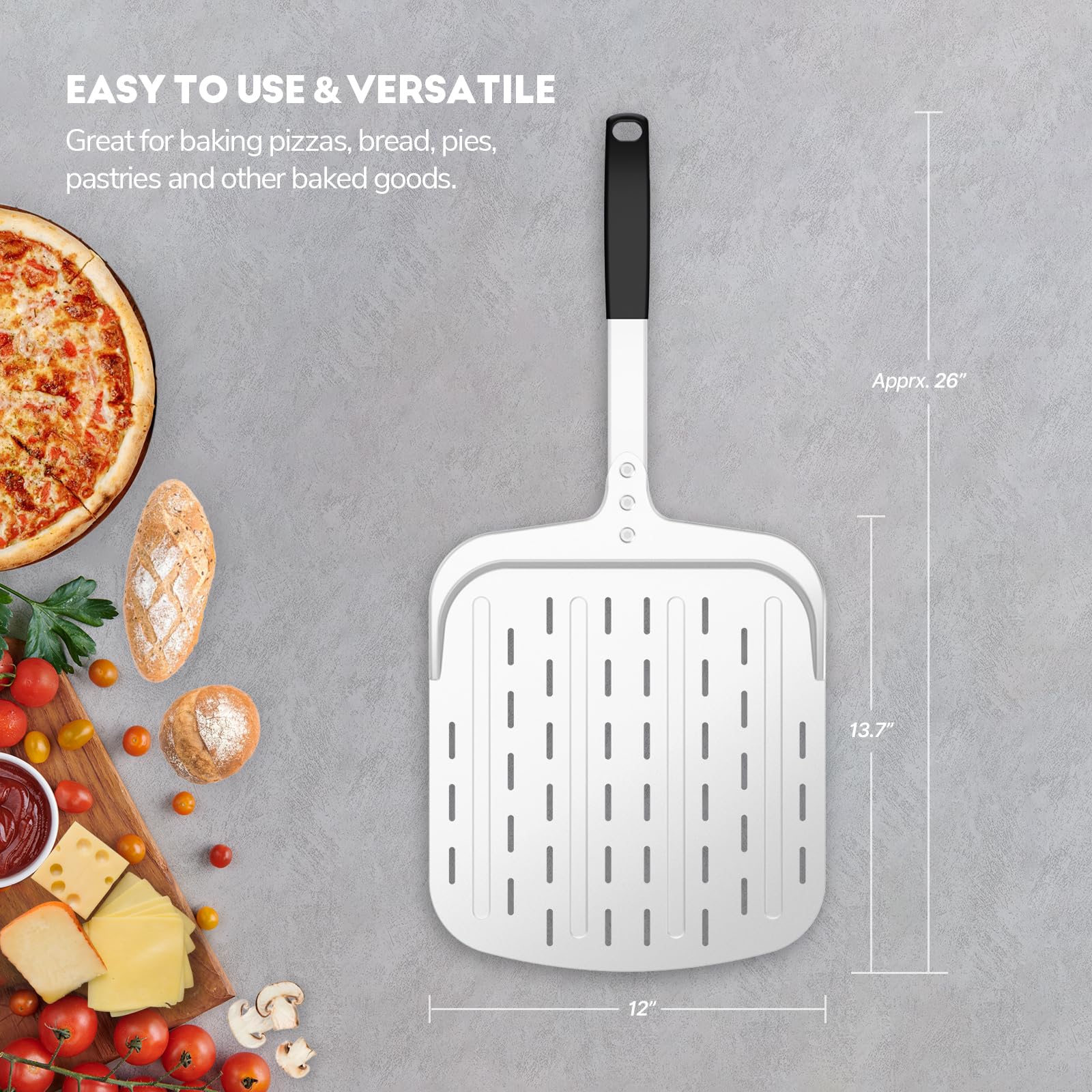 Rioomdx Pizza Peel 12-Inch Perforated Aluminum Pizza Paddle, Non-Stick Metal Pizza Peel Long Handle Pizza Spatula Paddle For Ove