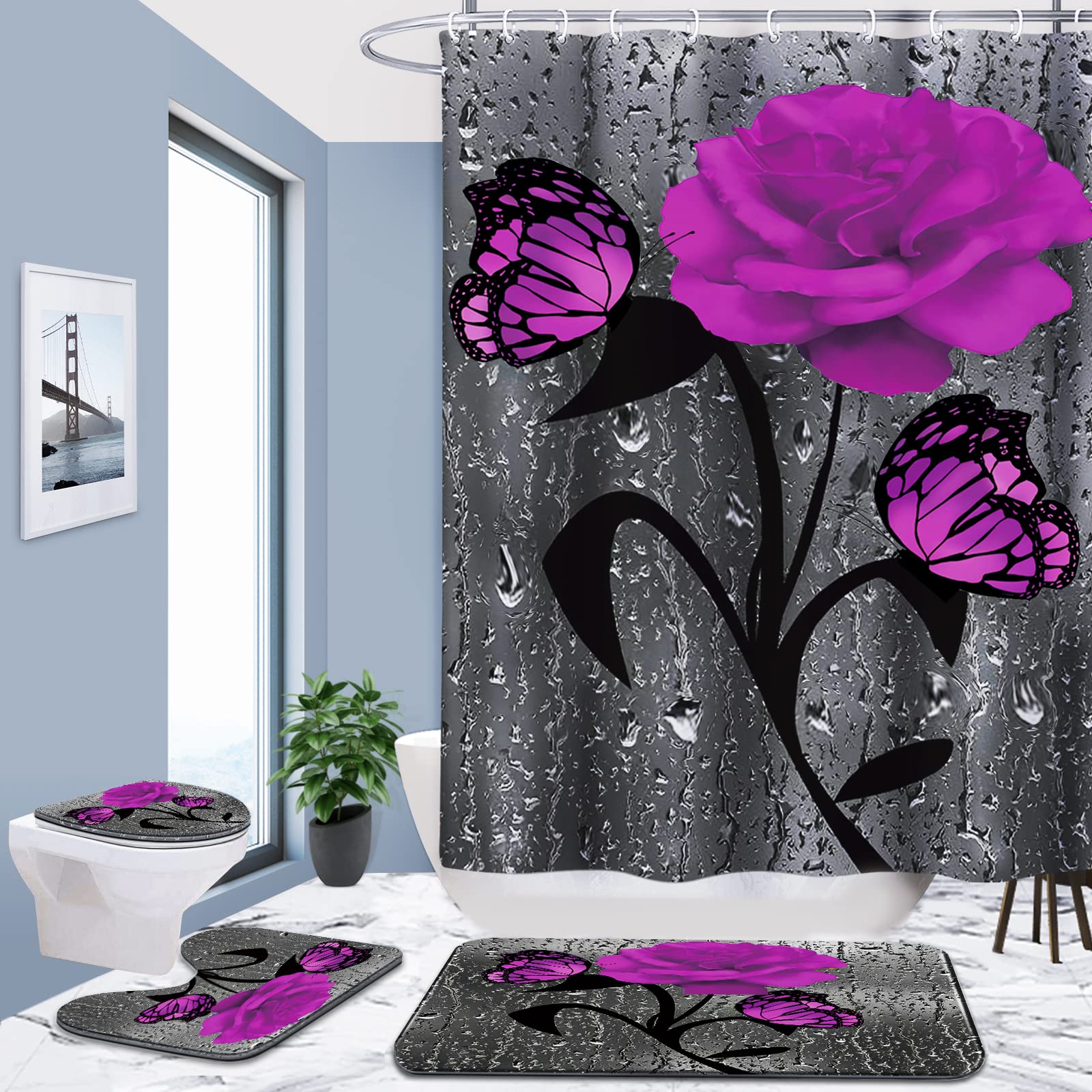 Poedist 4 Pcs Bathroom Shower Curtain Set,Purple Rose Valentine'S Day Shower Curtain Sets With Rugs(Bath Mat,U Shape And Toilet