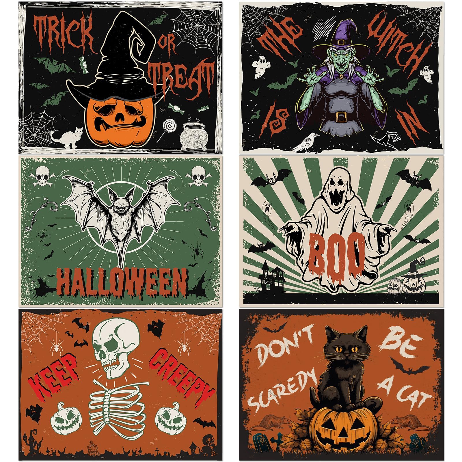 Halloween Placemats Set Of 6 Vintage Plastic Table Mats Black Cat Place Mats Washable Ghost Witch Bat Rectangle Skull Table Deco