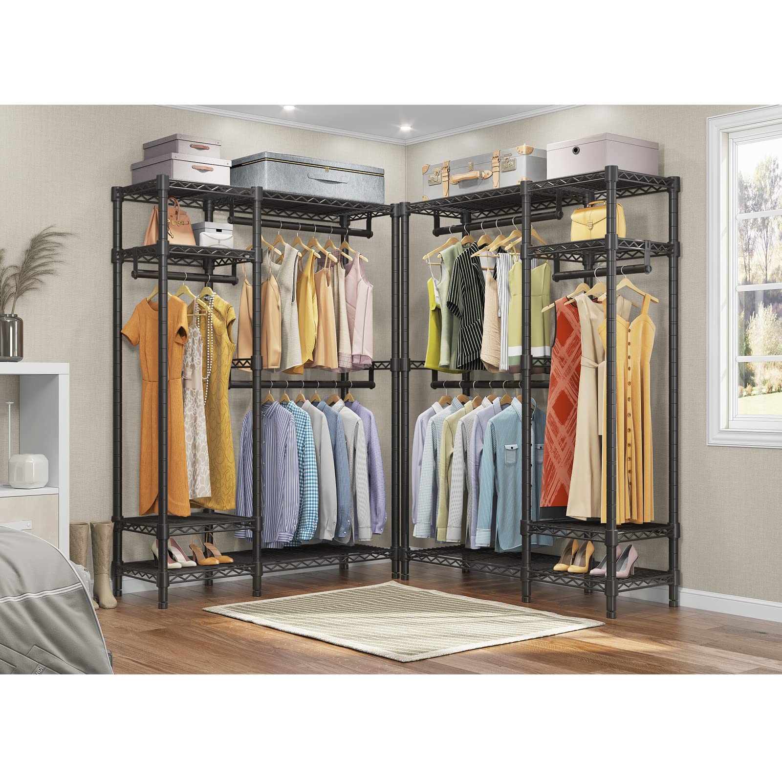 Vipek V2 Garment Rack Metal Clothing Rack For Hanging Clothes, 4 Tiers Wire Shelving Clothes Rack With 3 Hanging Rods, Free Stan