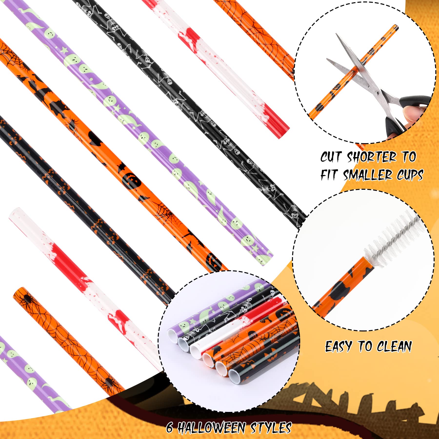 Janyun 30 Pcs Halloween Reusable Straws 9Inch Pumpkin Bat Skeleton Spider Printing Hard Plastic Drinking Straw For Mason Jar Tum