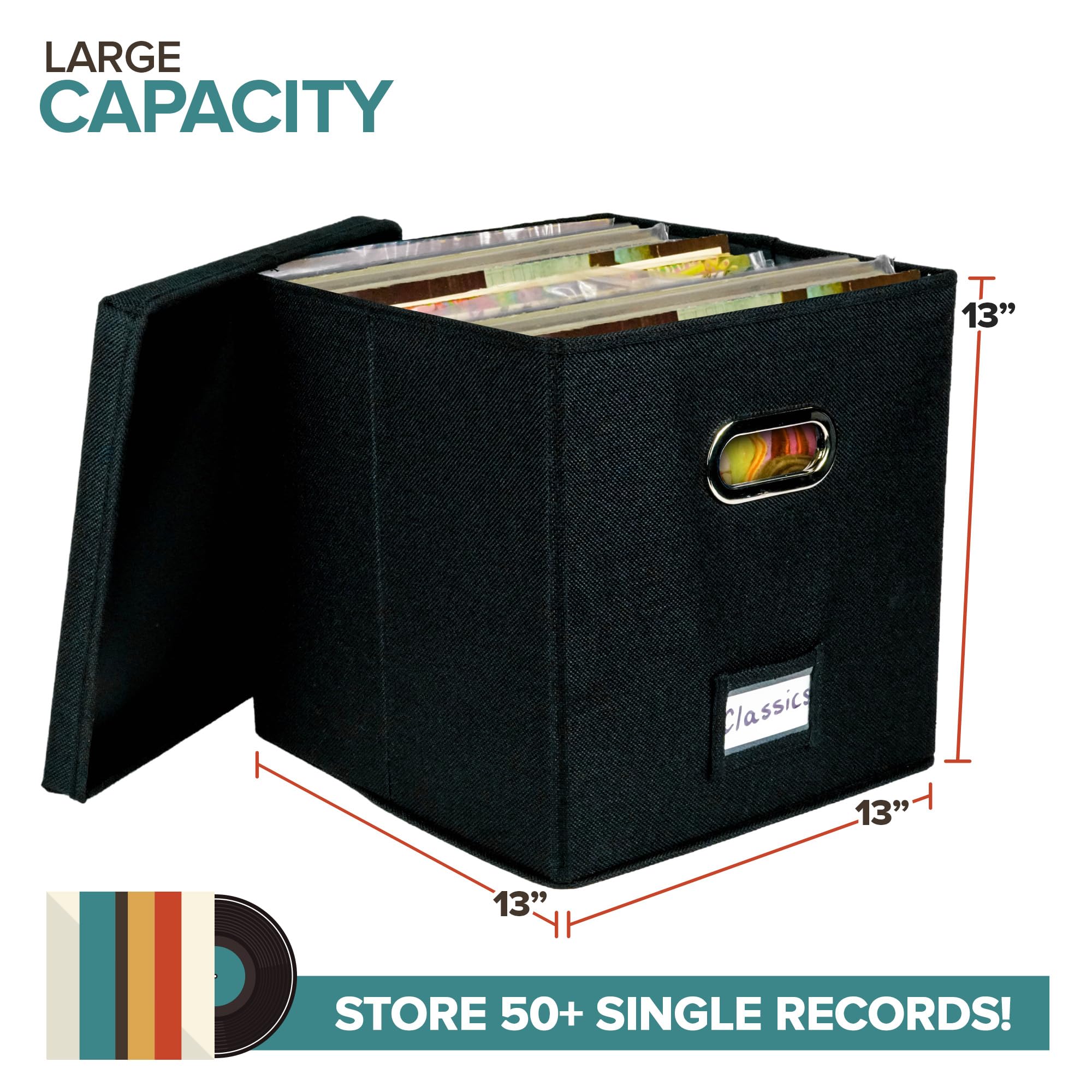 Stock Your Home Vinyl Record Storage Box, 13x13x13 Black, Holds 50+ Albums, Engineered Wood, Ideal for Home Organizer