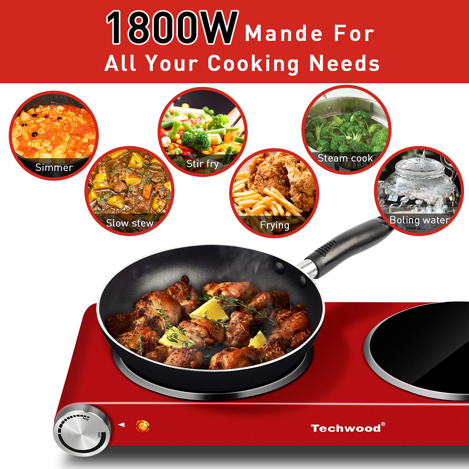 Hot Plate  Techwood 1800W Dual Electric Stoves  Countertop Stove Double Burner for Cooking  Infrared Ceramic Hot Plates Double Cooktop  Red  Brushed Stainless Steel Easy To Clean Upgraded Version  Red