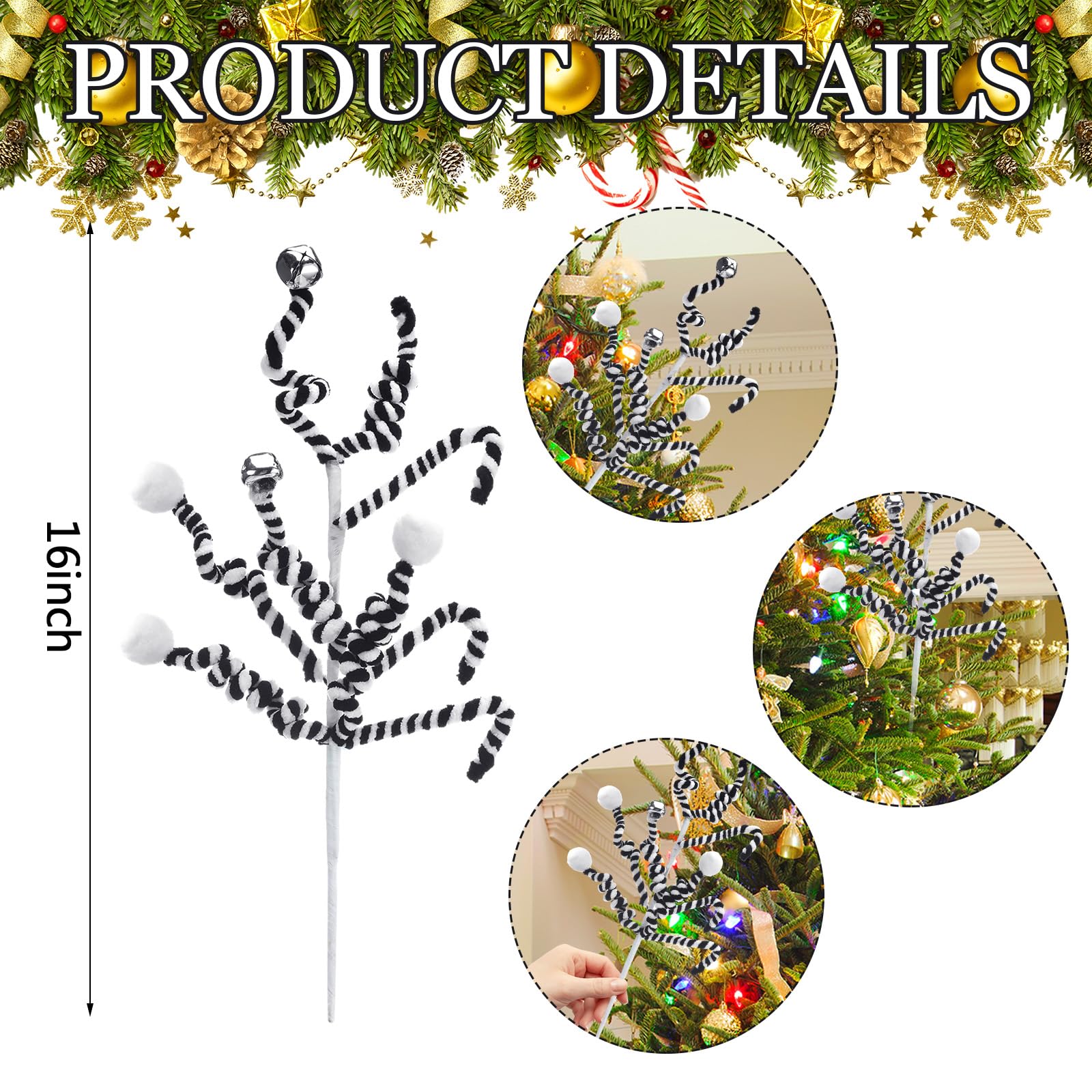 Gerrii 16 Inches Black White Lollipop Christmas Decor, Black White Gothic Night Christmas Tree Picks Decor Candy Cane Topper Orn