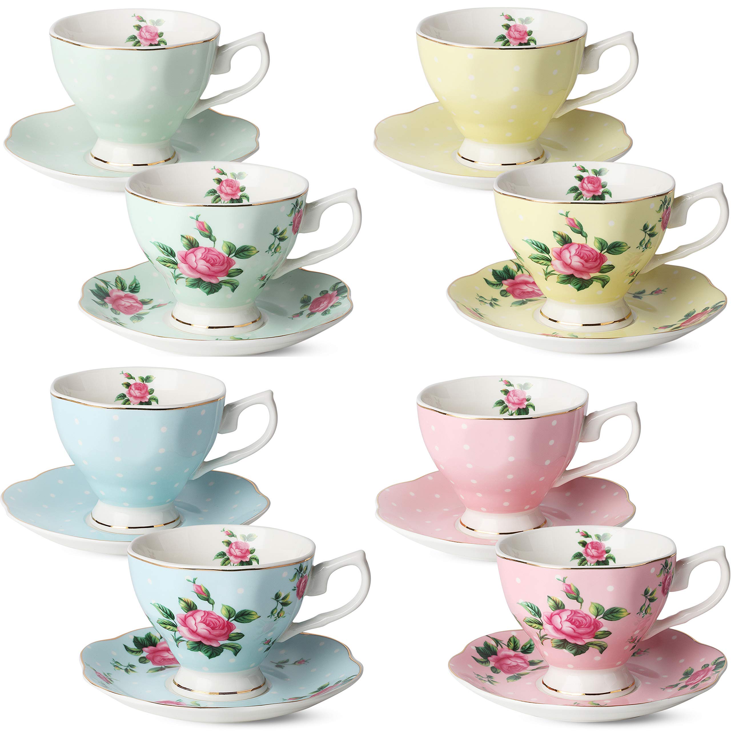 BTaT- Floral Tea Cups and Saucers Set of 8 (8 oz), Porcelain Tea Cup Sets, Assorted Colors with Gold Trim & Gift Box, Dishwasher