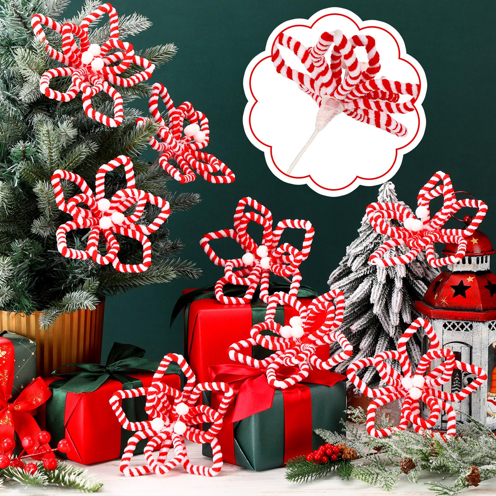 Bucherry 12 Candy Cane Christmas Ornaments Decorations, Silk Poinsettia Candy Cane Ornaments for Christmas Tree, Red White Peppe