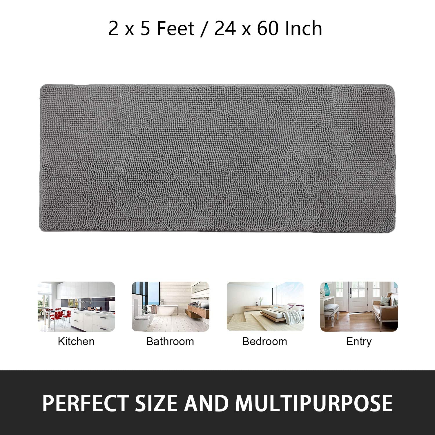 Noahas 24 ' 'x60 ' ' Grey Long Bathroom Rugs Runner Absorbent Bath Mats for Bathroom Non-Slip Washable Carpet Soft Plush Chenille Shower Mats for Bathroom Shaggy Durable Bath Rugs with Rubber Backing