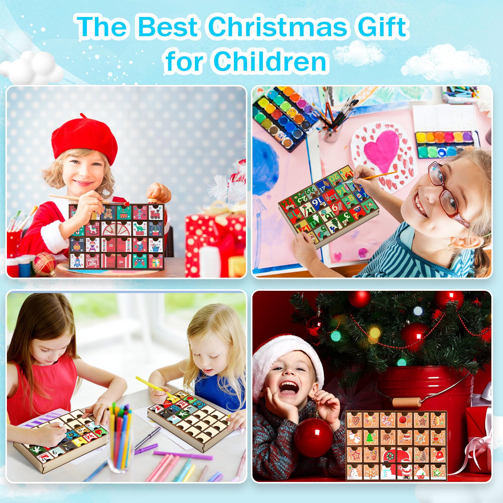 Sliner 2 Pcs Christmas Wooden Advent Calendar with 24 Drawers Countdown to Christmas Storage Organizer, DIY Unfinished Storage B