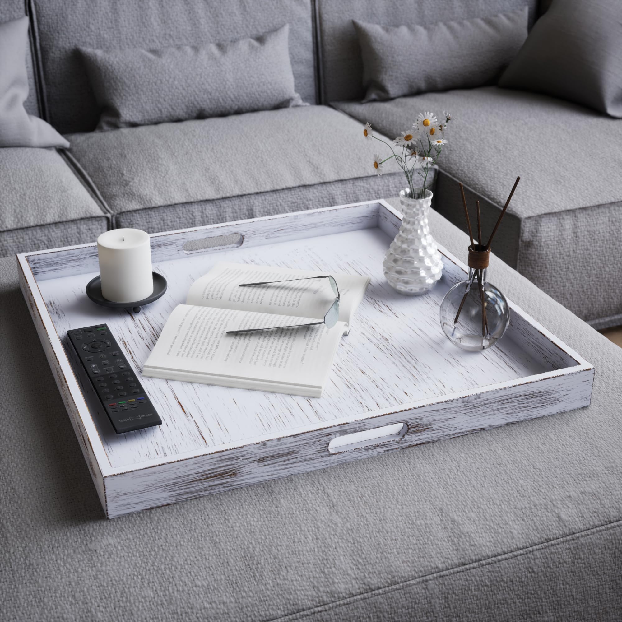 Hanobe Square Large Ottoman Tray: Extra Large Serving Tray With Handles Rustic Wood Whitewash Decorative Coffee Table Trays Farm