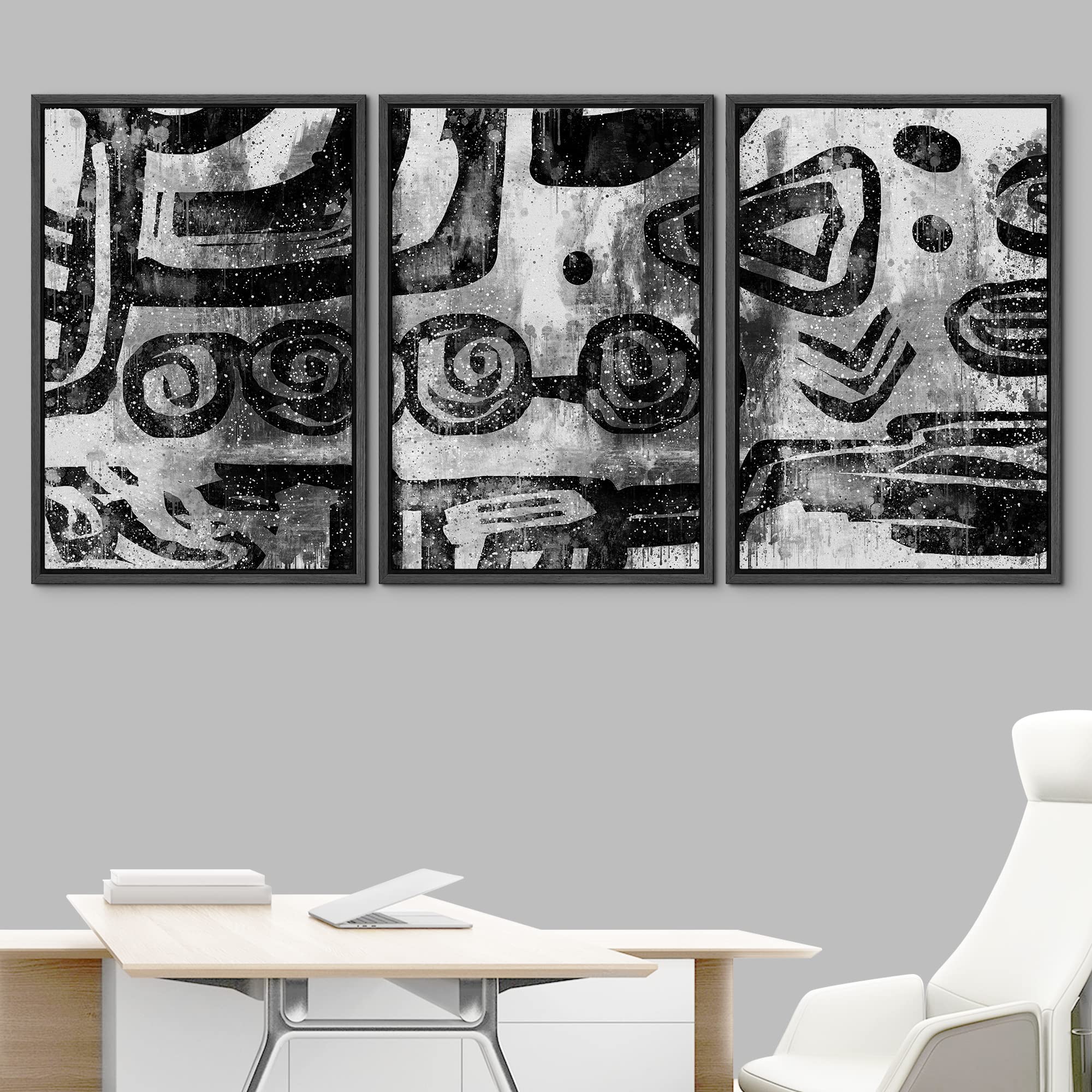 Idea4Wall Framed Wall Art Print Set Black & White Line Art & Polygon Pattern Abstract Shapes Illustrations Modern Art Mid-Centur