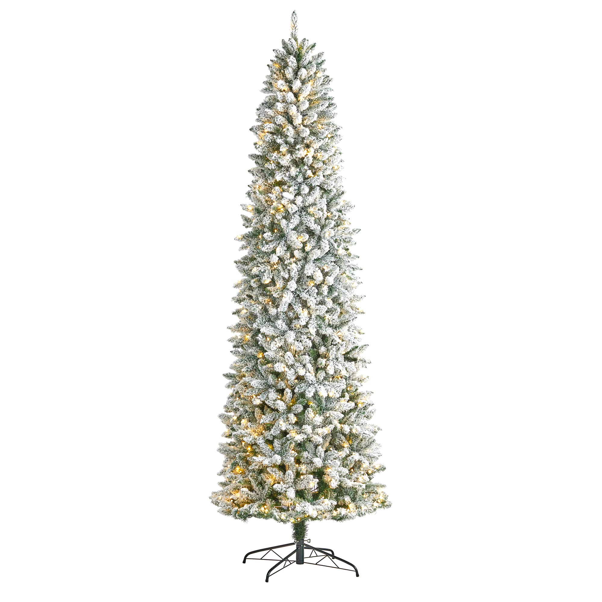 Nearly Natural 9ft. Slim Flocked Montreal Fir Artificial Christmas Tree with 600 Warm White LED Lights and 1860 Bendable Branche