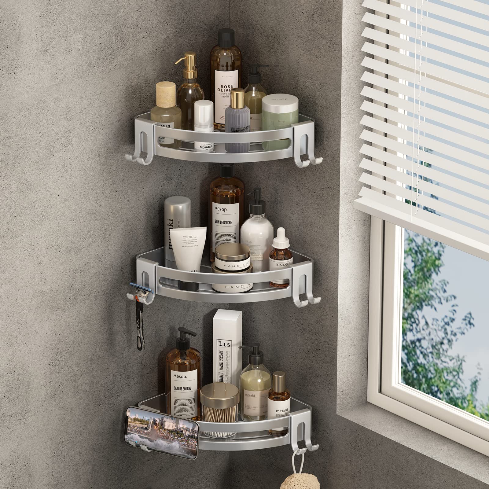 Volpone Corner Shower Shelves With Hooks Corner Shower Storage Rack Rustproof Corner Tub Organizer Drill Free Corner Shampoo Hol