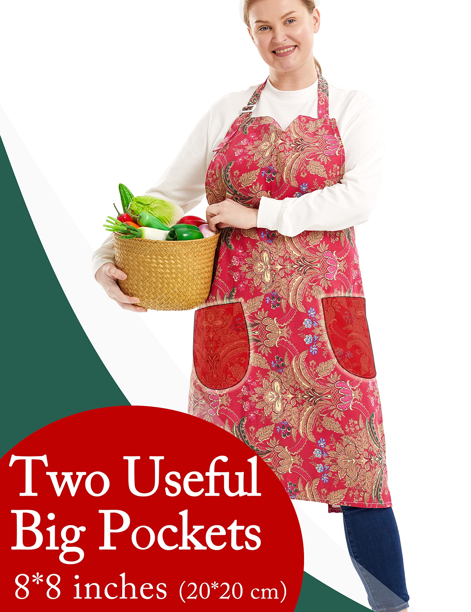 Apronner Cotton Linen Baking Plus Size Aprons For Women With Pockets Kitchen Cooking Red Pomegranate