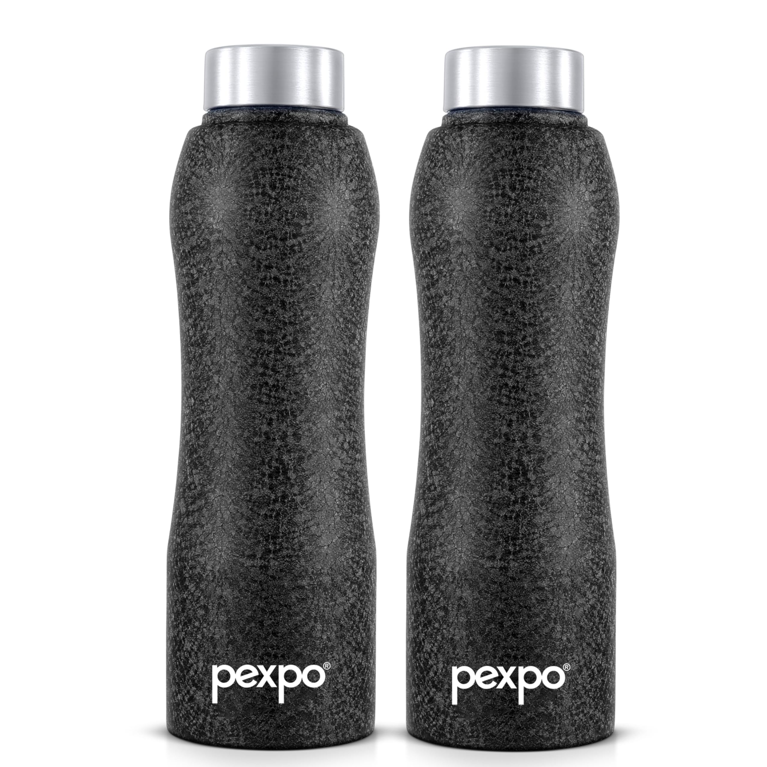 Pexpo Bistro Isi Certified Stainless Steel Fridge/Sports Water Bottle 1 Litre, Black, Pack Of 2 | Single Walled | Easy Grip | Le