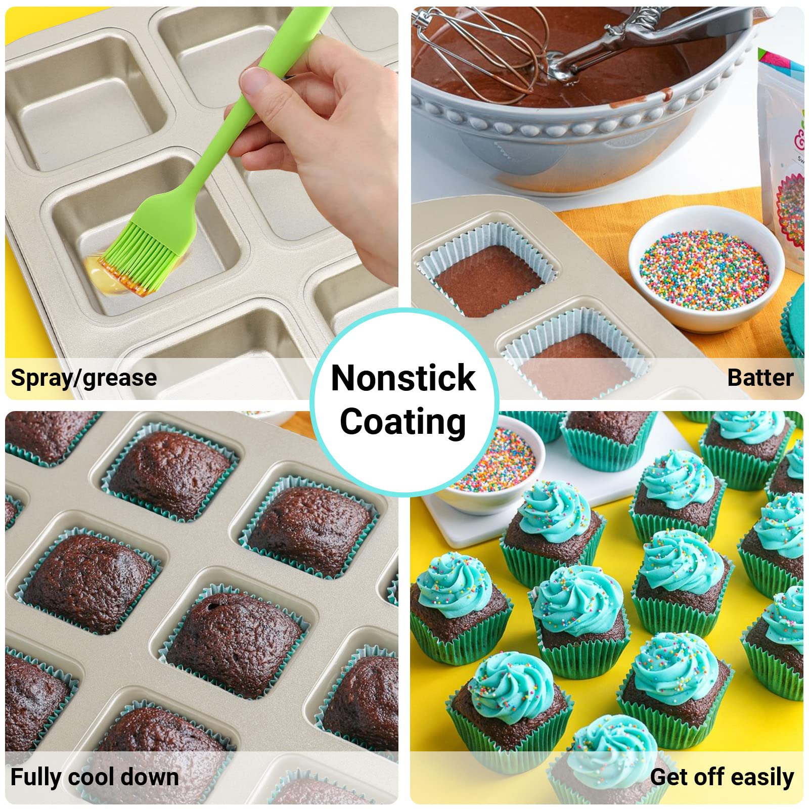 Beasea Brownie Pan With Dividers, 2 Set Gold All Edges Square Cupcake Brownie Pans 12 Mini Cavity Non Stick Baking Carbon Steel