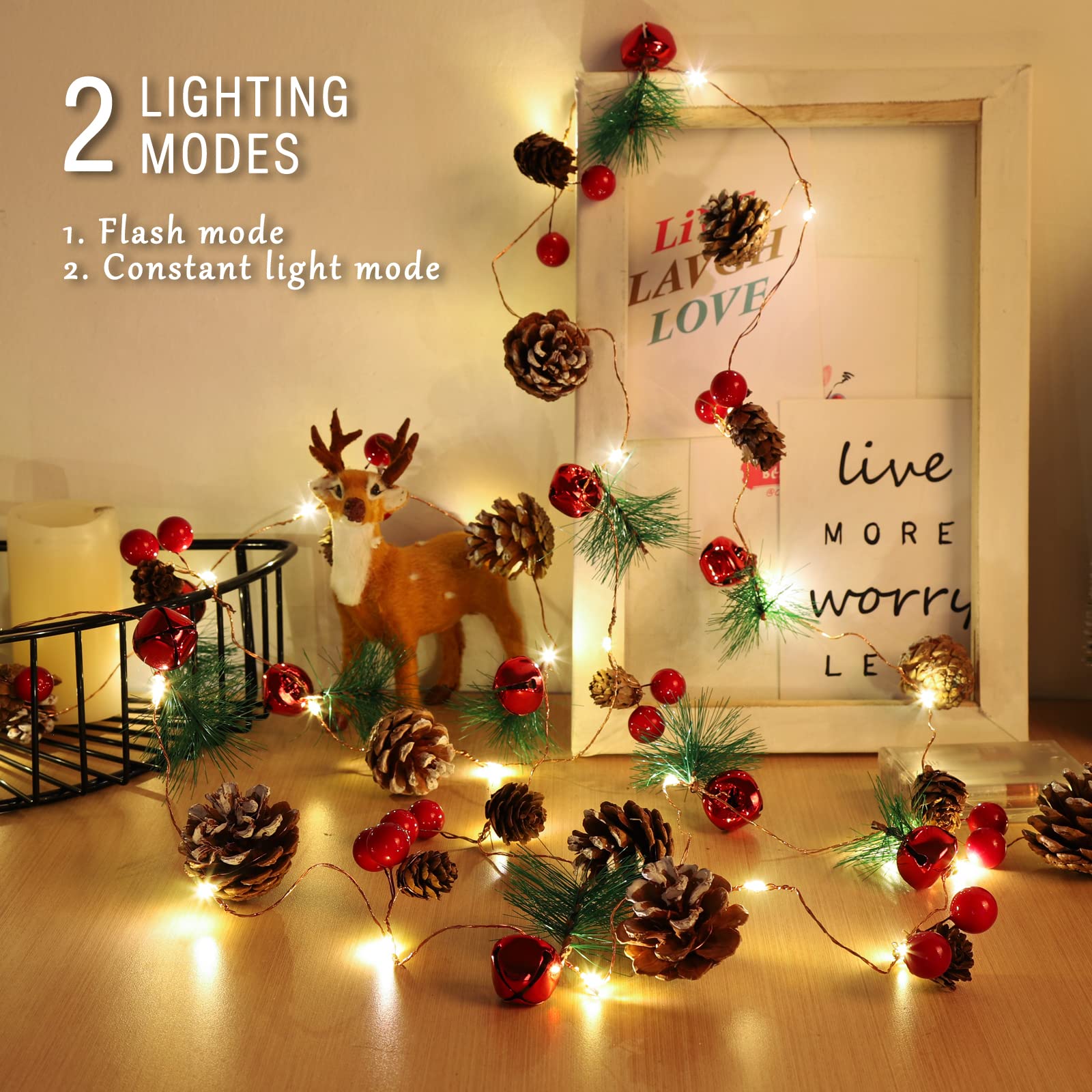 KITCADA Christmas Garland with String Lights 10 Ft 30 LED Pine Cone Red Berry Bells Garland Lights, Indoor Christmas Decorations