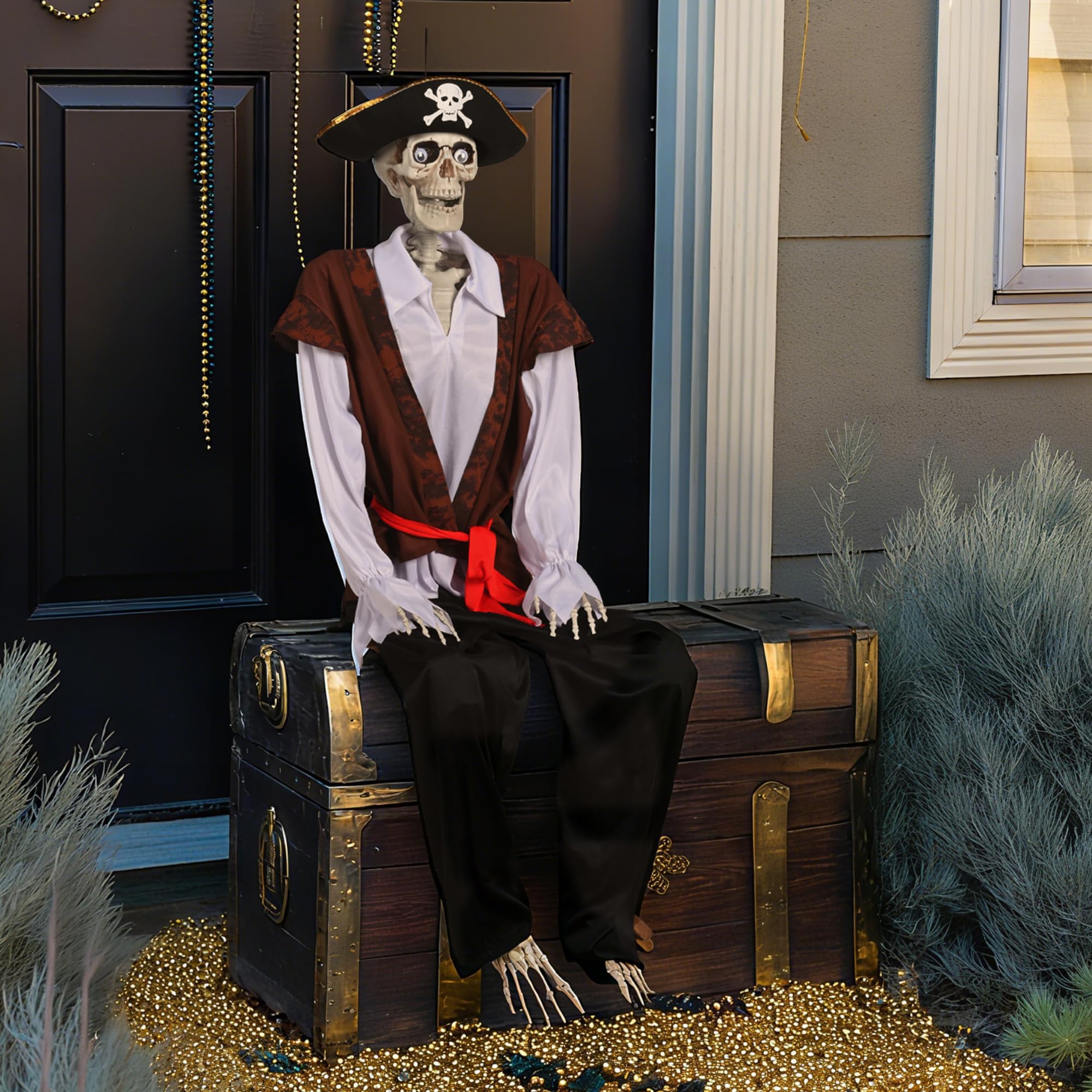 AW Skeleton Pirate Captain Life Size 5.4FT Halloween Decoration Movable Joints Human Bone with Detailed Costume Outdoor Yard Ind