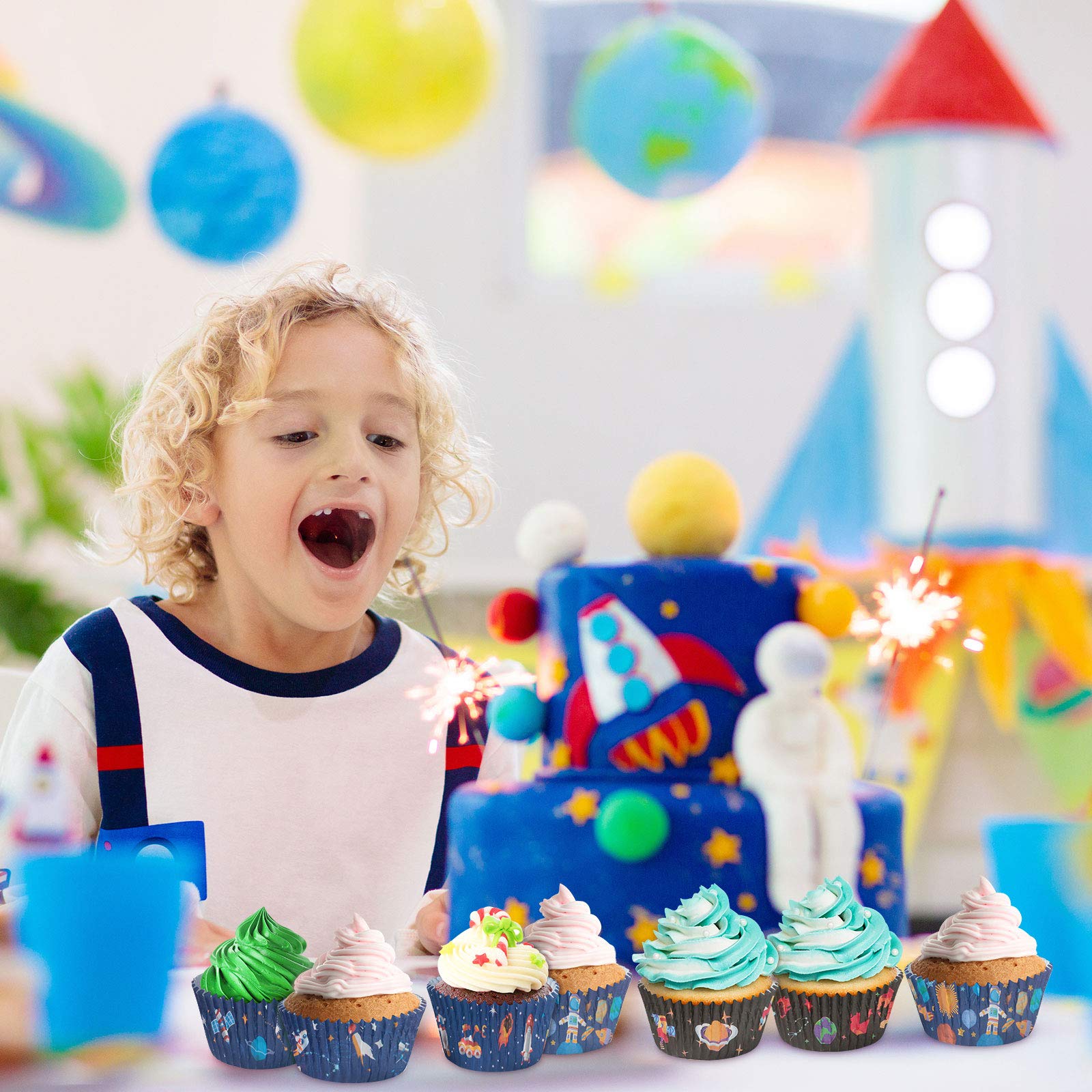 600 Pieces Space Adventure Cupcake Liners Outer Space Planet Rocket Astronaut Baking Cups Cupcake Wrappers Wraps Muffin Case Tra