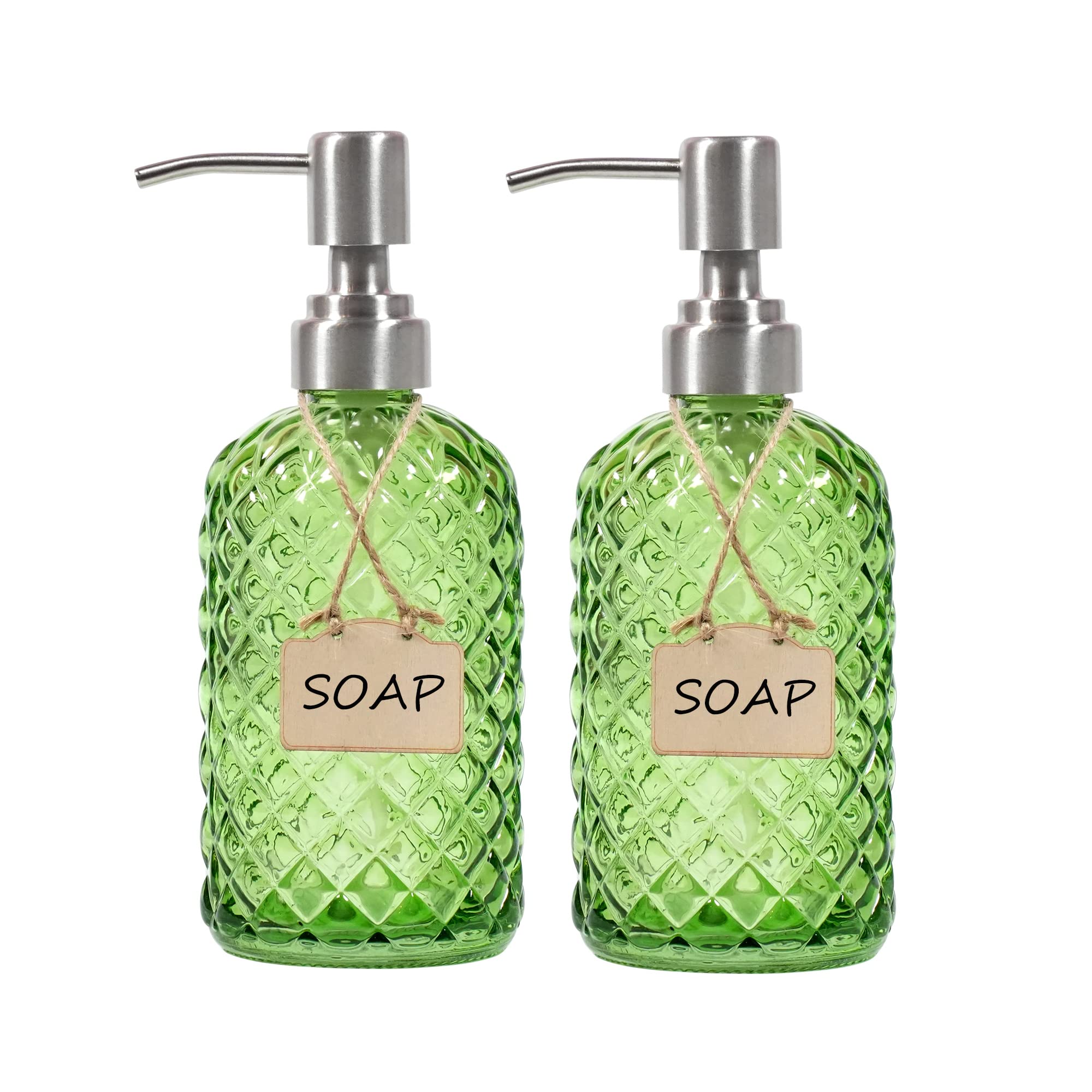 Bathroom & Kitchen Glass Hand And Dish Soap Dispenser With 304 Rustproof Stainless Steel Pump (Green-2Pack)