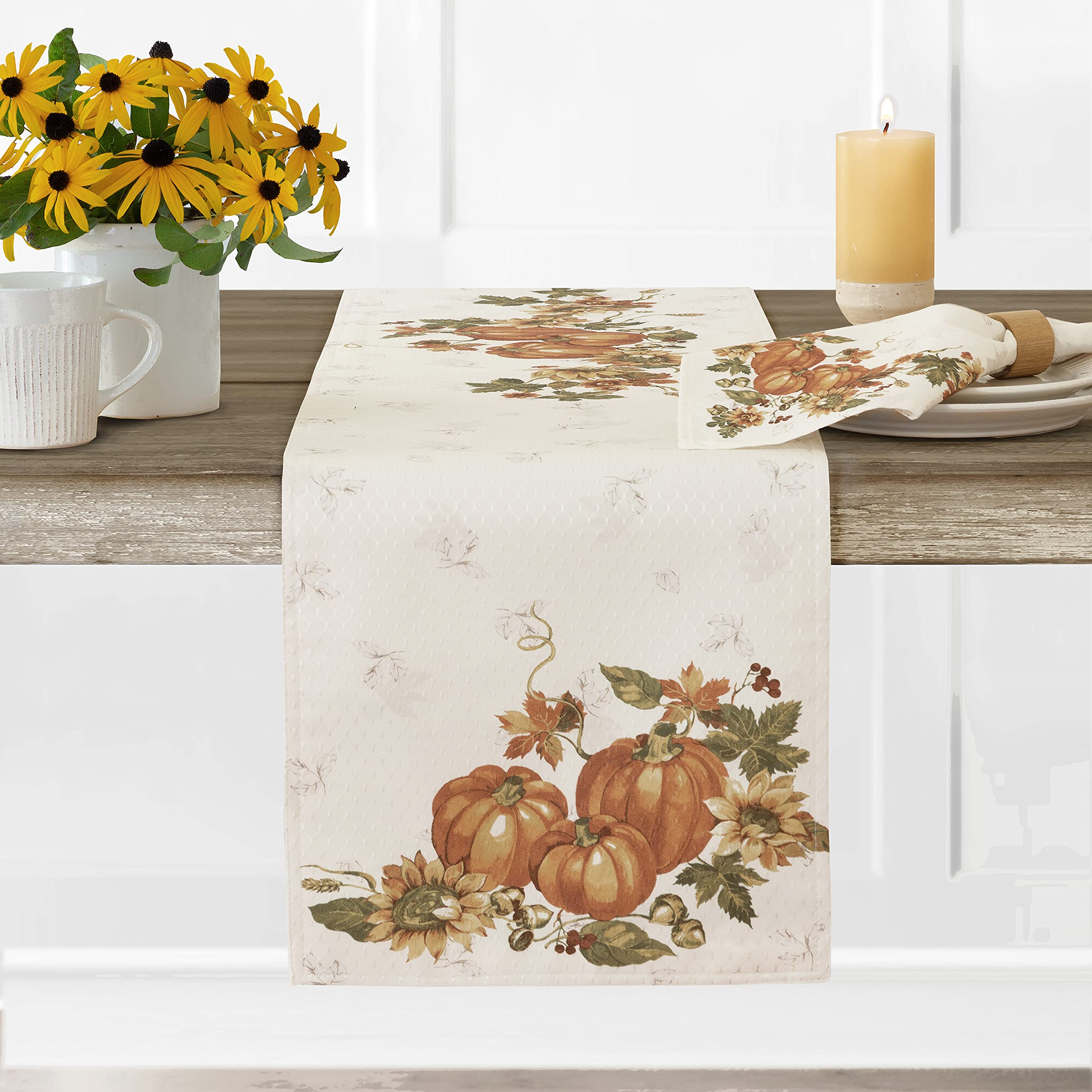 Lintex Stockbridge Pumpkin Harvest Bordered Thanksgiving Fabrictable Runner, Autumn Fall Leaf, Sunflower And Acorn Border Print