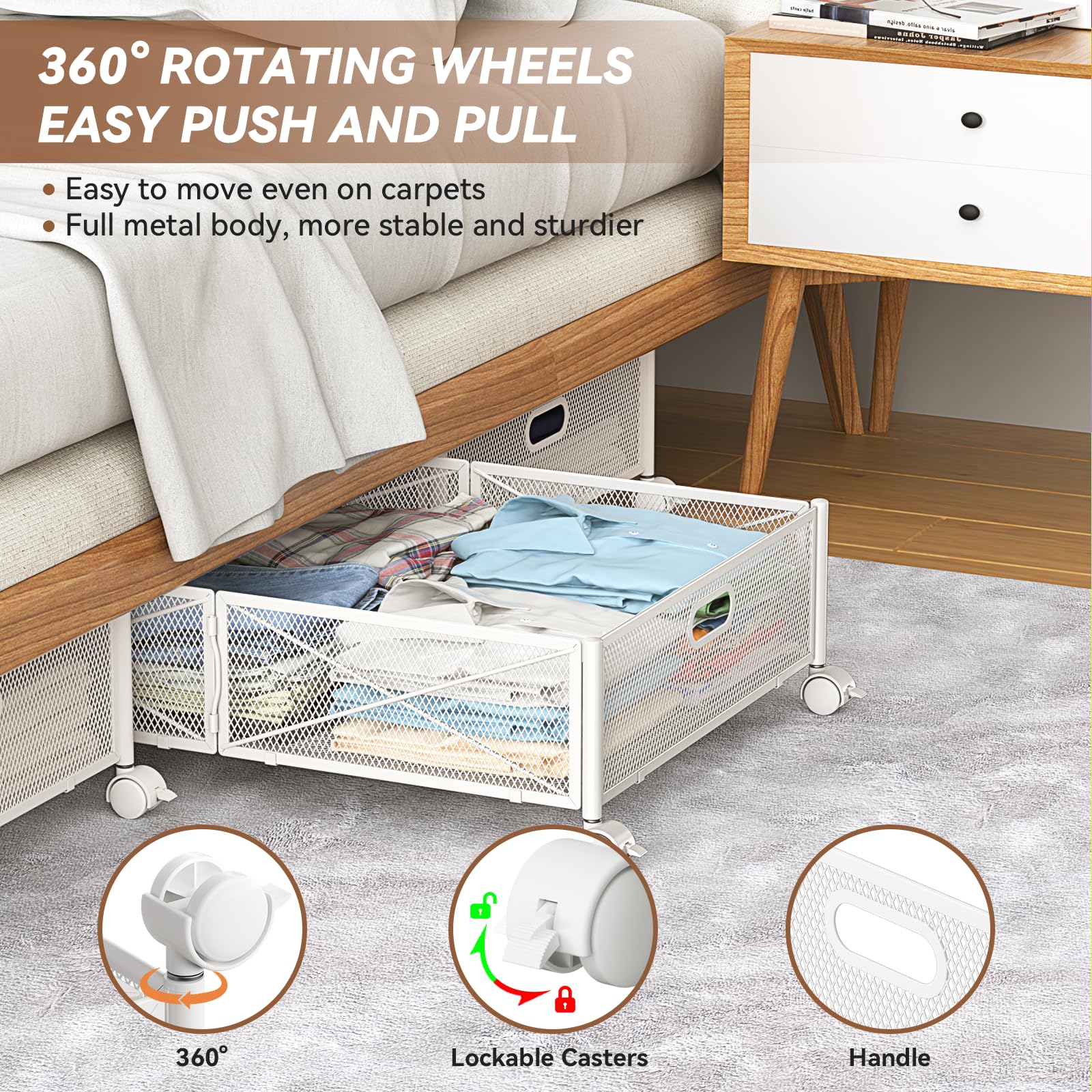 PHINOX Under Bed Storage with wheels, Under the Bed Storage Containers,Upgrade Crossed Iron Wire, Metal Rolling Underbed Storage