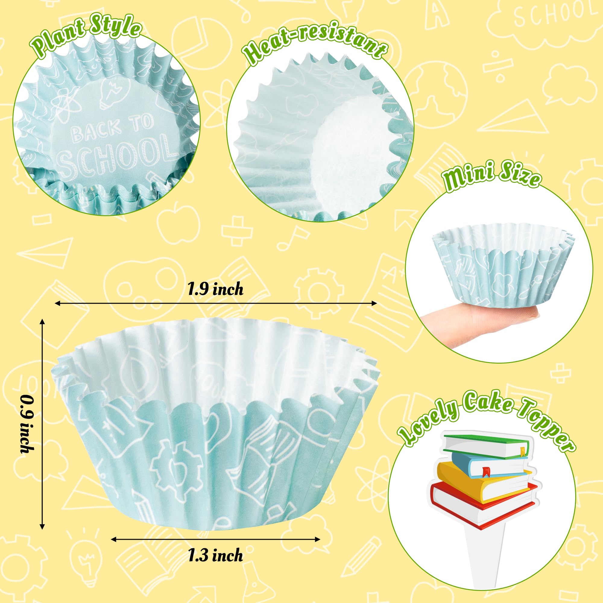 Cocnny 300Pcs Back To School Cupcake Liners, School Mini Cake Baking Cups, First Day Of School Cupcake Wrappers With Cupcake Top