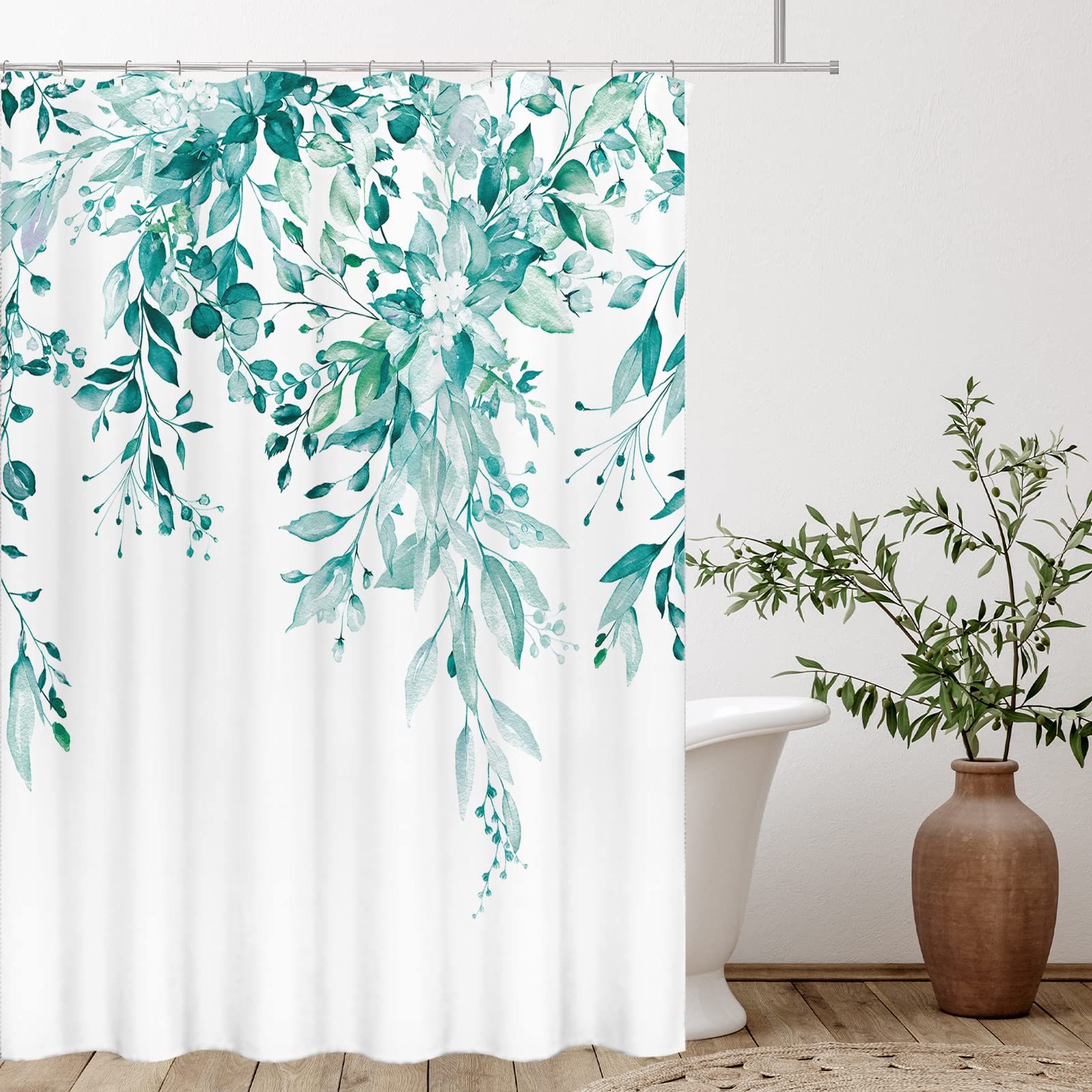 Tititex Teal Eucalyptus Shower Curtain Sets, Watercolor Turquoise Leaves On The Top Plant With Floral Bathroom Decoration 60X72