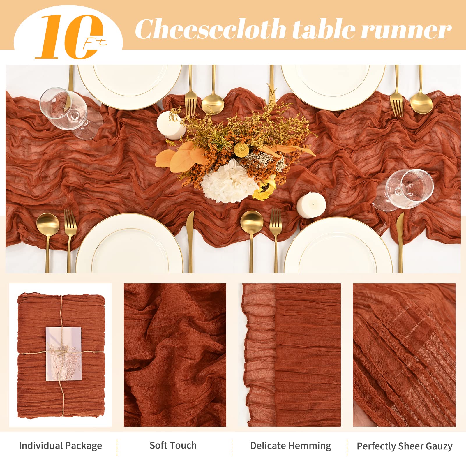 10Pack Terracotta Cheesecloth Table Runner, 10Ft Gauze Rustic Boho Cheese Cloth Table Runner 35X120 Inch Long Romantic Sheer Tab
